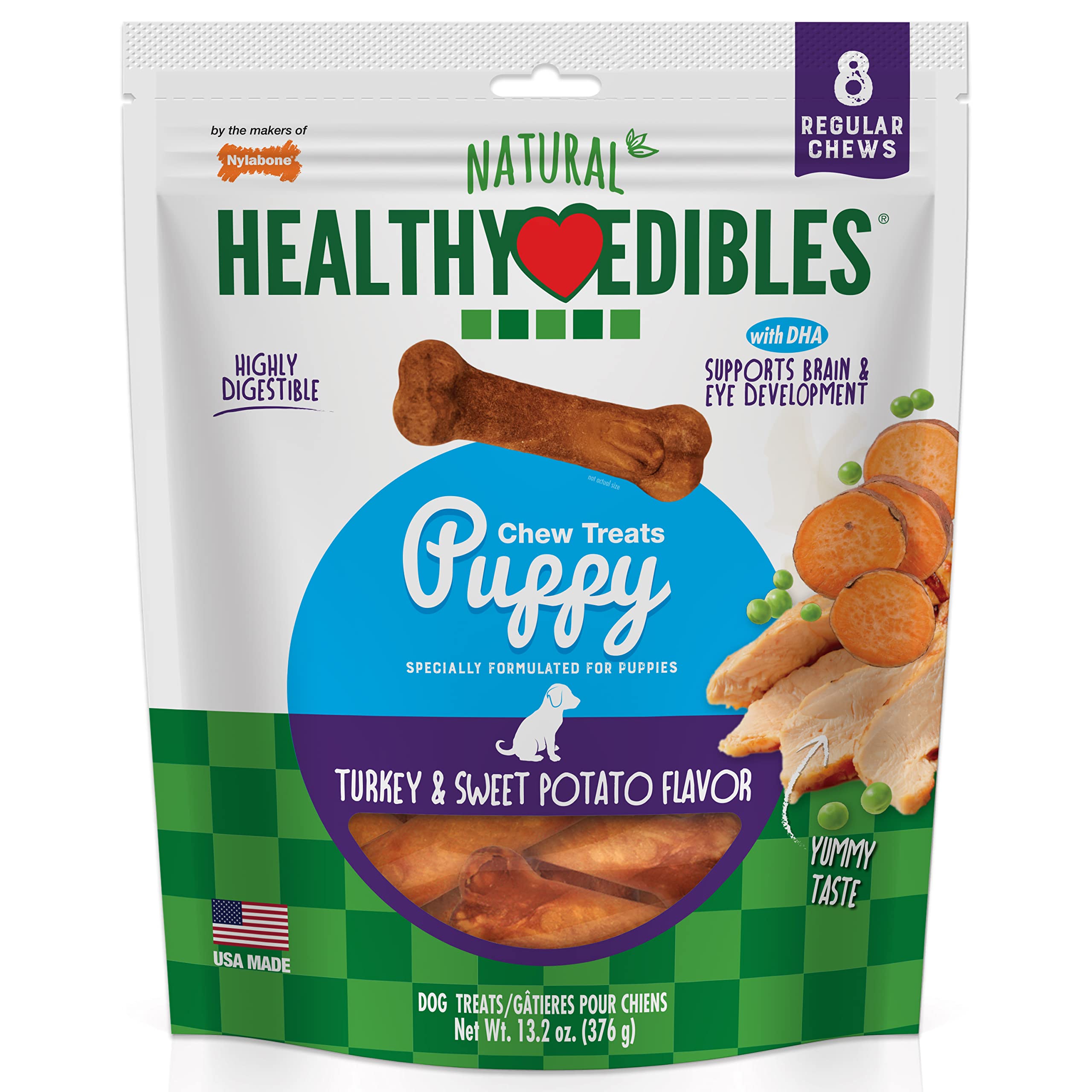 Nylabone Healthy Edibles Natural Puppy Chews Long Lasting Treats for Puppies, Turkey & Sweet Potato Flavor, Small/Regular (8 Cou