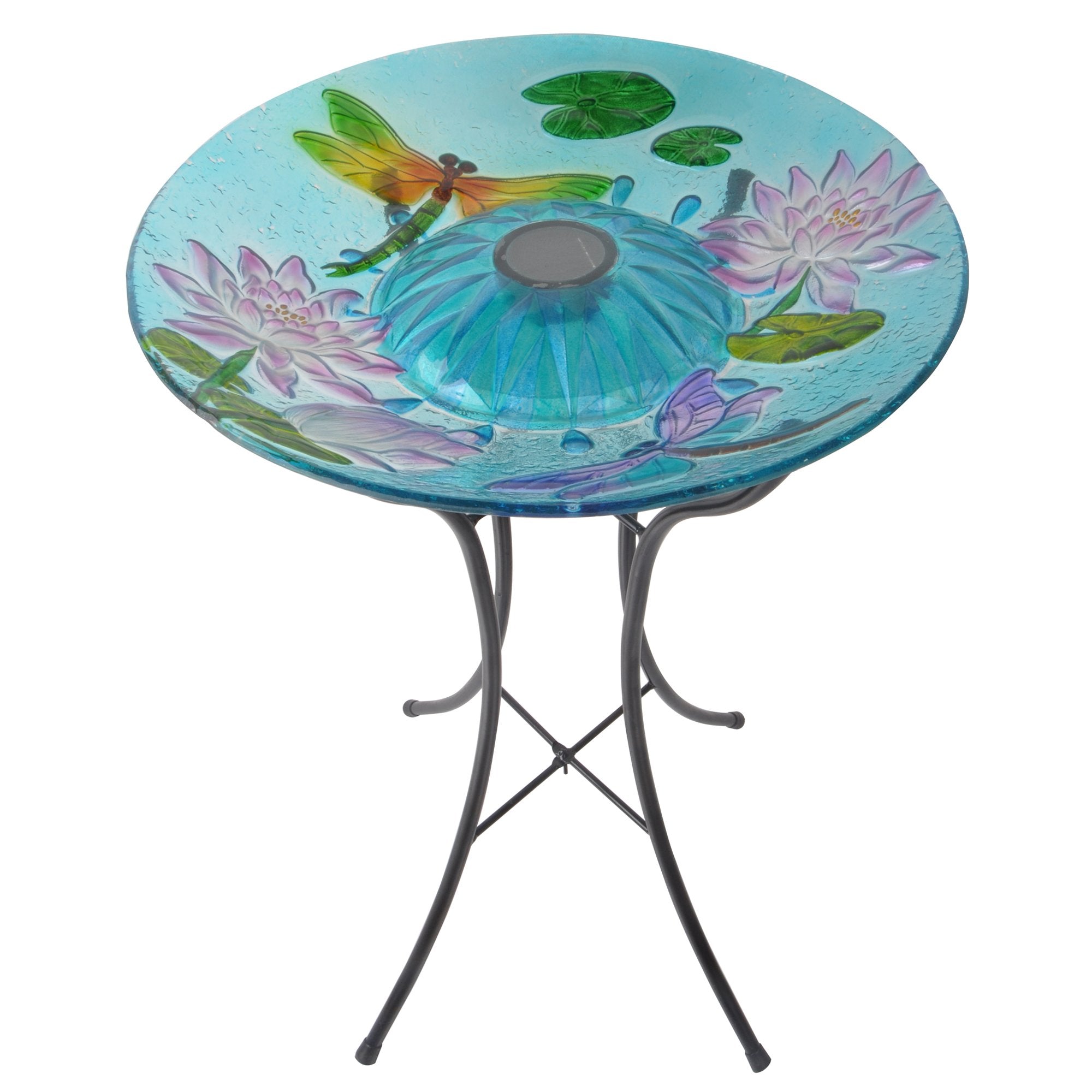 Teamson Home Handpainted Dragonfly Fusion Glass Solar Birdbath Bowl Feeder with LED Light for Outdoor Patio Garden Backyard Deck