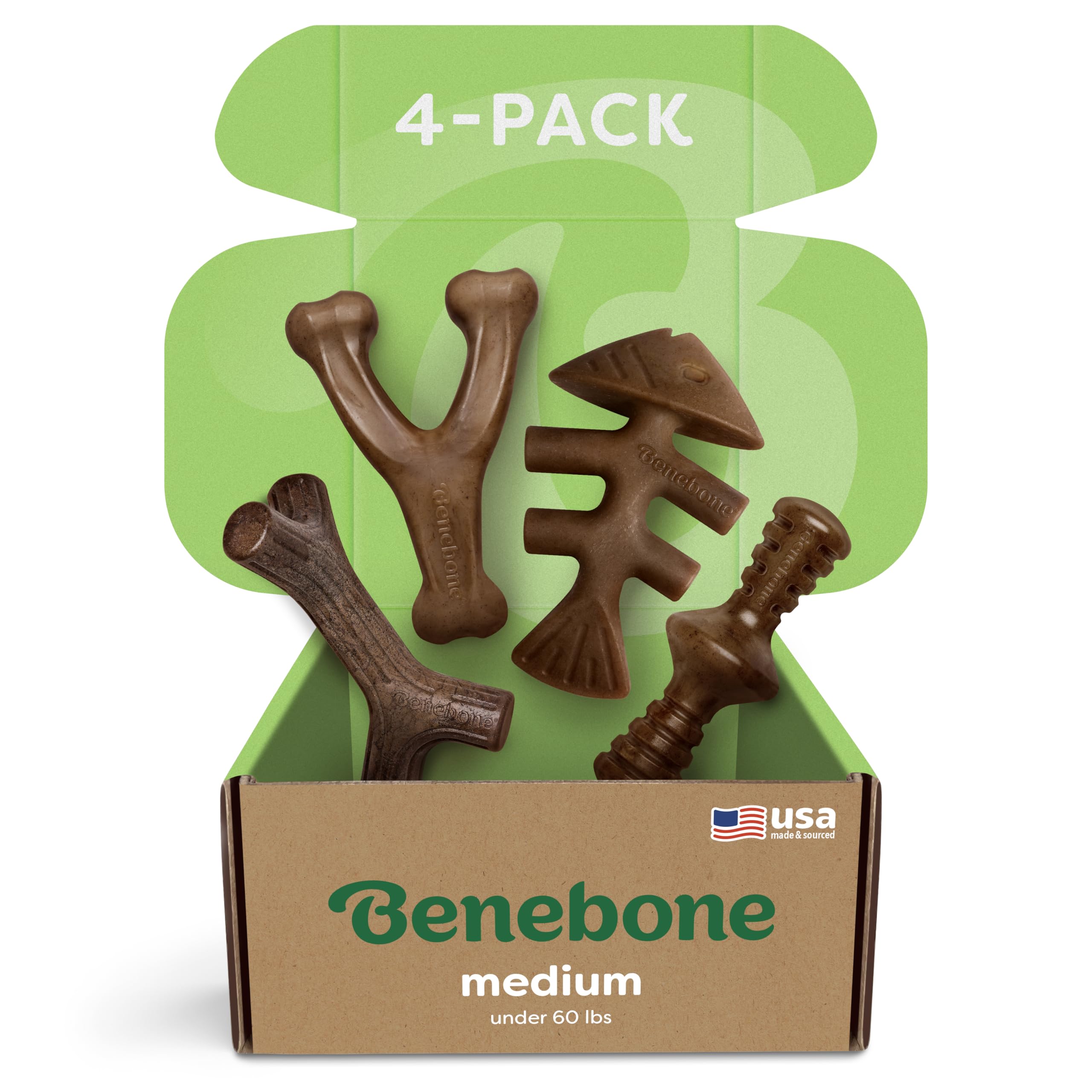 Benebone Medium 4-Pack Dog Chew Toys For Aggressive Chewers, Made In Usa, 60Lbs And Under