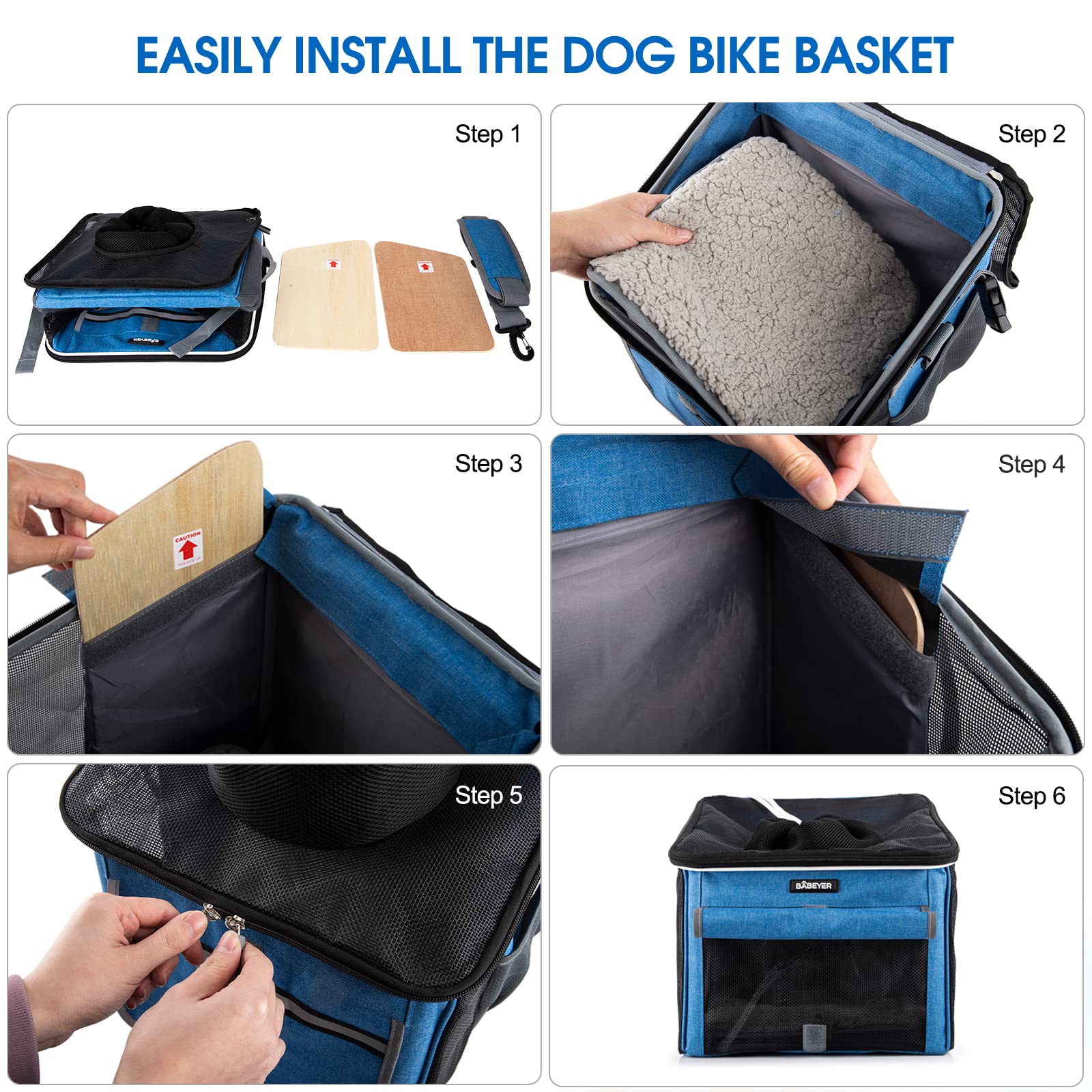 Babeyer Dog Bike Basket, Soft-Sided Pet Bike Carrier With 4 Mesh Windows For Small Dog Cat Puppies - Blue