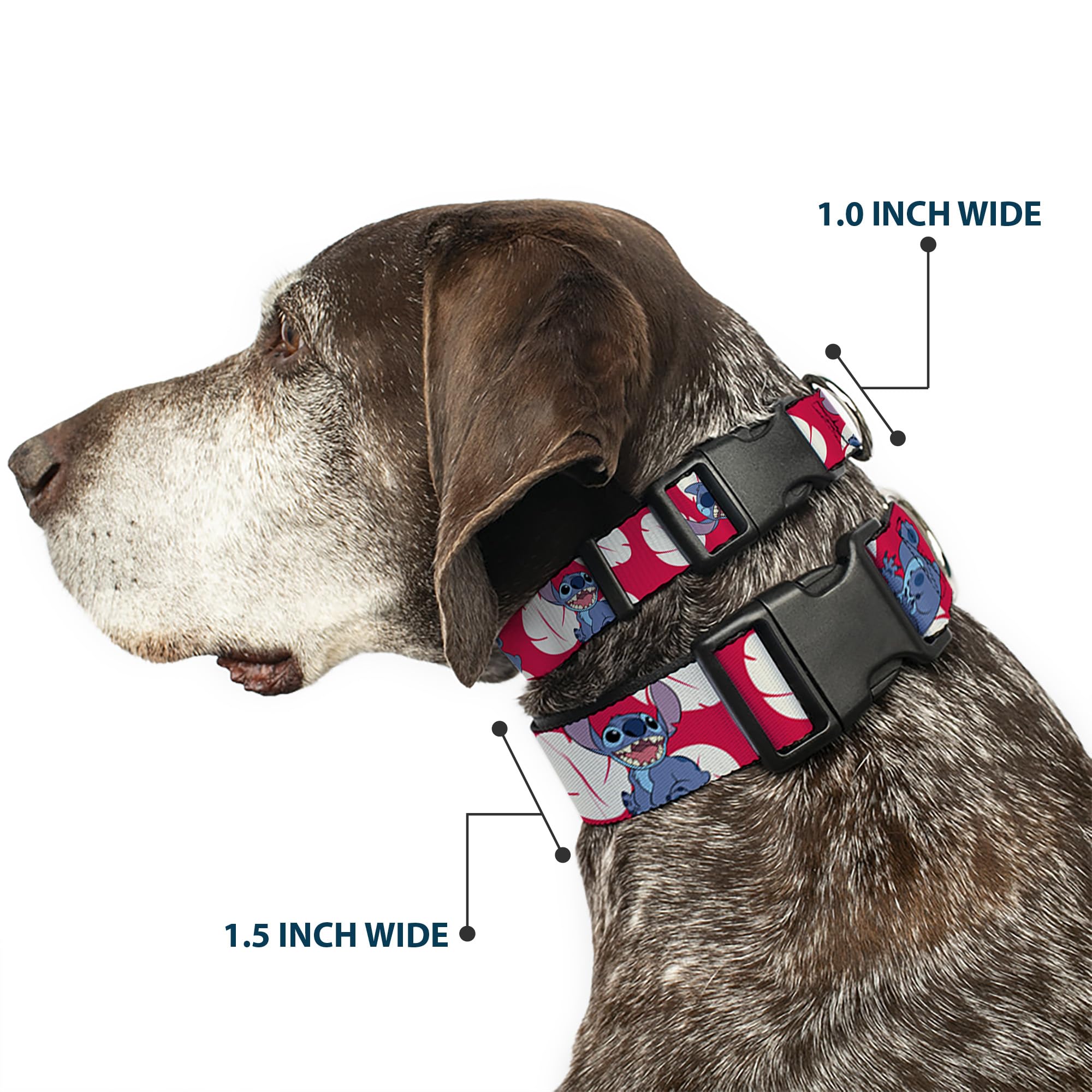 Buckle-Down Dog Collar Plastic Clip Lilo Stitch 4 Poses Lilo Dress Leaves Red Ivory 15 To 26 Inches 1.0 Inch Wide
