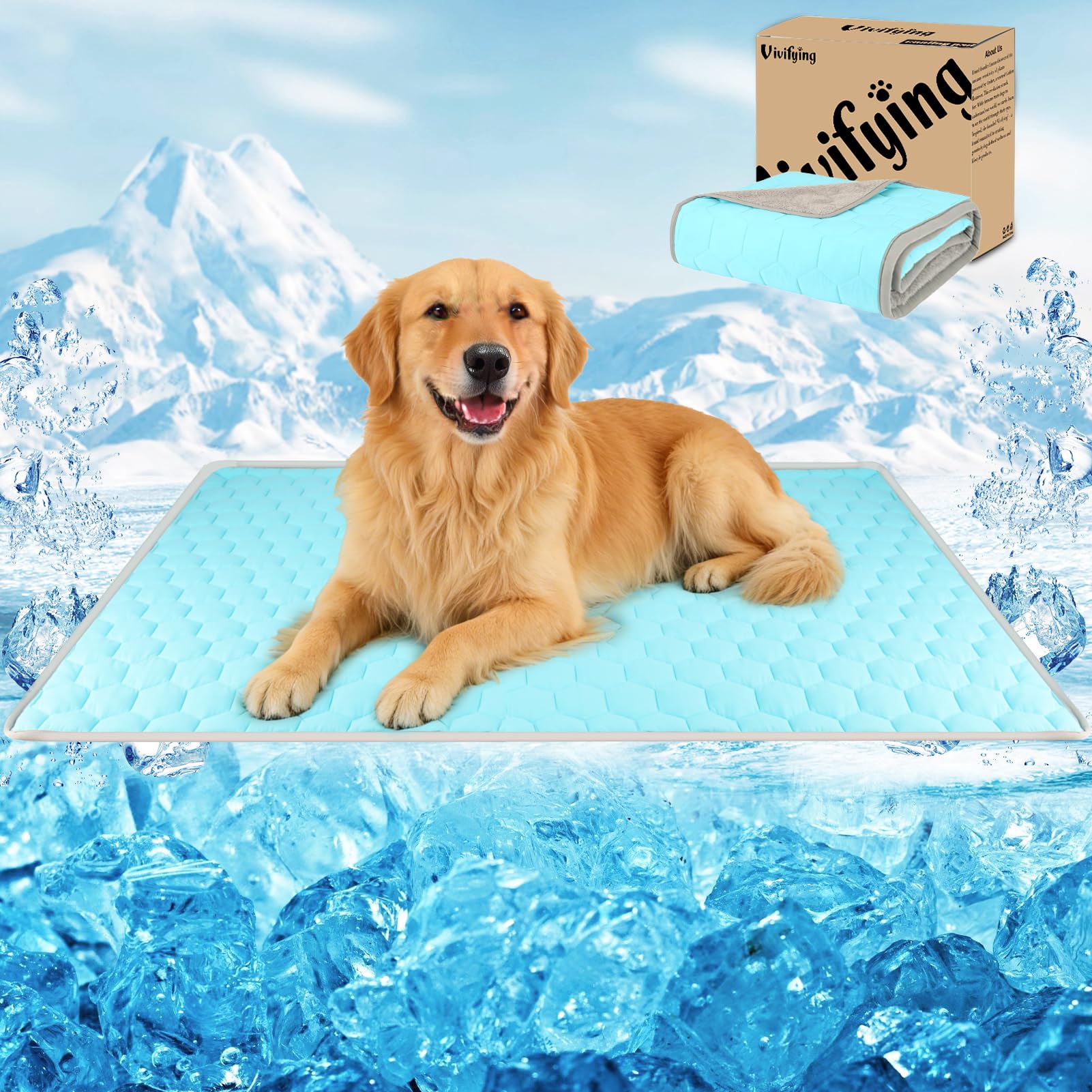 Vivifying Cooling Blanket for Dogs, Reversible Ice Silk Dog Cooling Mat with Soft Plush Backing, Summer Pet Blanket Throw for Co