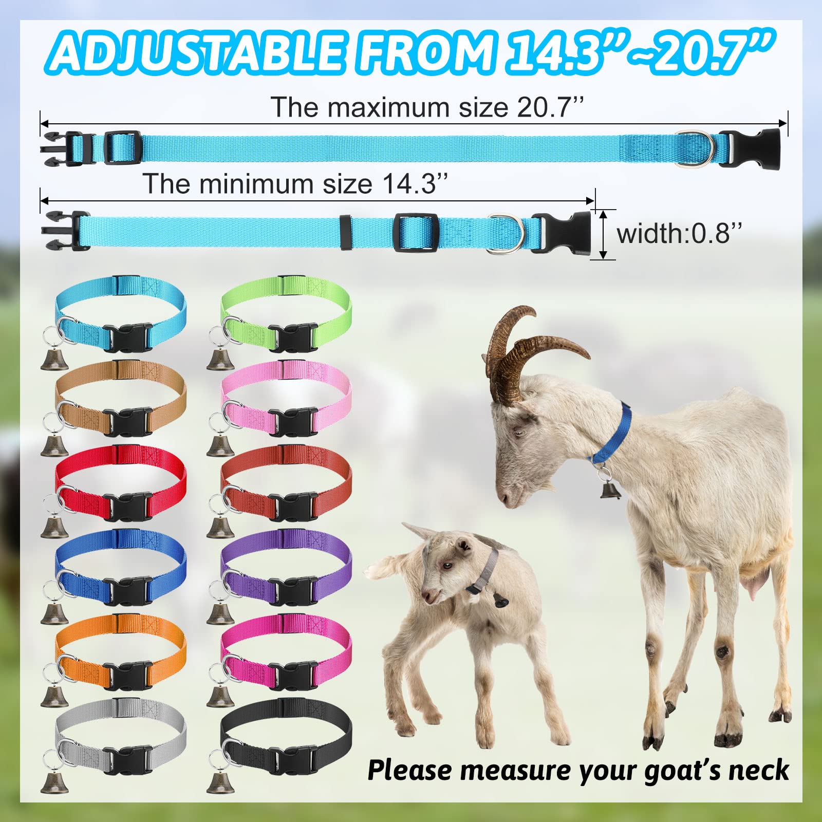 12 Sets Goat Collars With Bells Horse Sheep Grazing Cow Bells Adjustable Nylon Dog Bell Collar With Quick Release Buckle Anti Lost Pet Collar With Copper Bell For Small Farm Animal Sheep Accessories