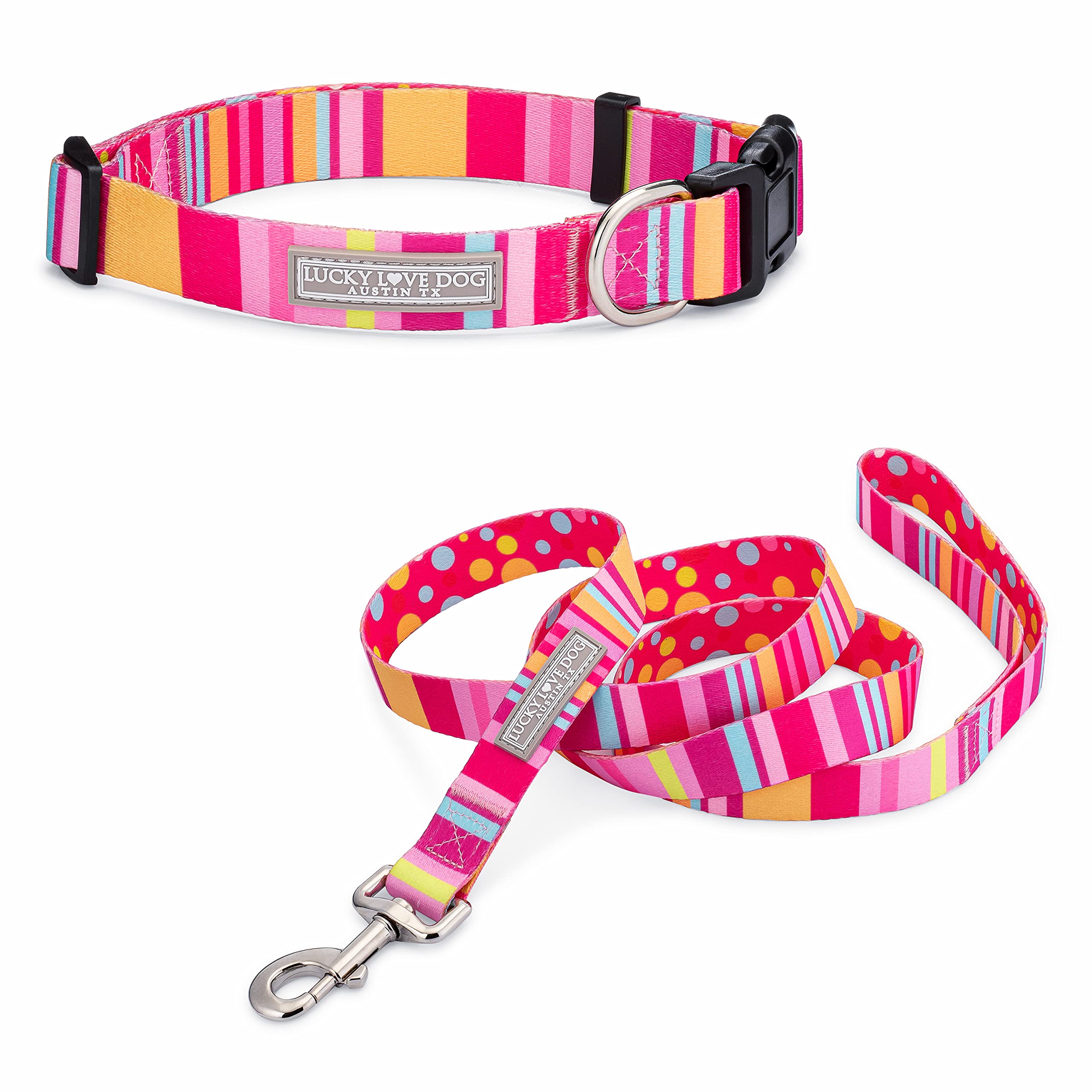 Lucky Love Dog Collar And Leash Set - Colorful Stripes, Yellow, Pink, Blue - Cute Female Dog Combo Set - Large, Molly Combo