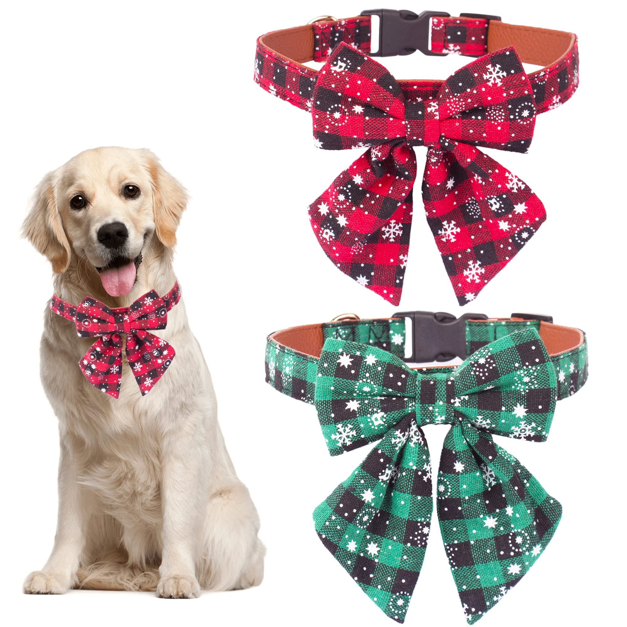 Adoggygo 2 Pack Christmas Dog Collar With Bow Tie, Classic Plaid Red Green Dog Collars With Removable Bowtie Christmas Collars For Medium Dogs Pets (Medium)
