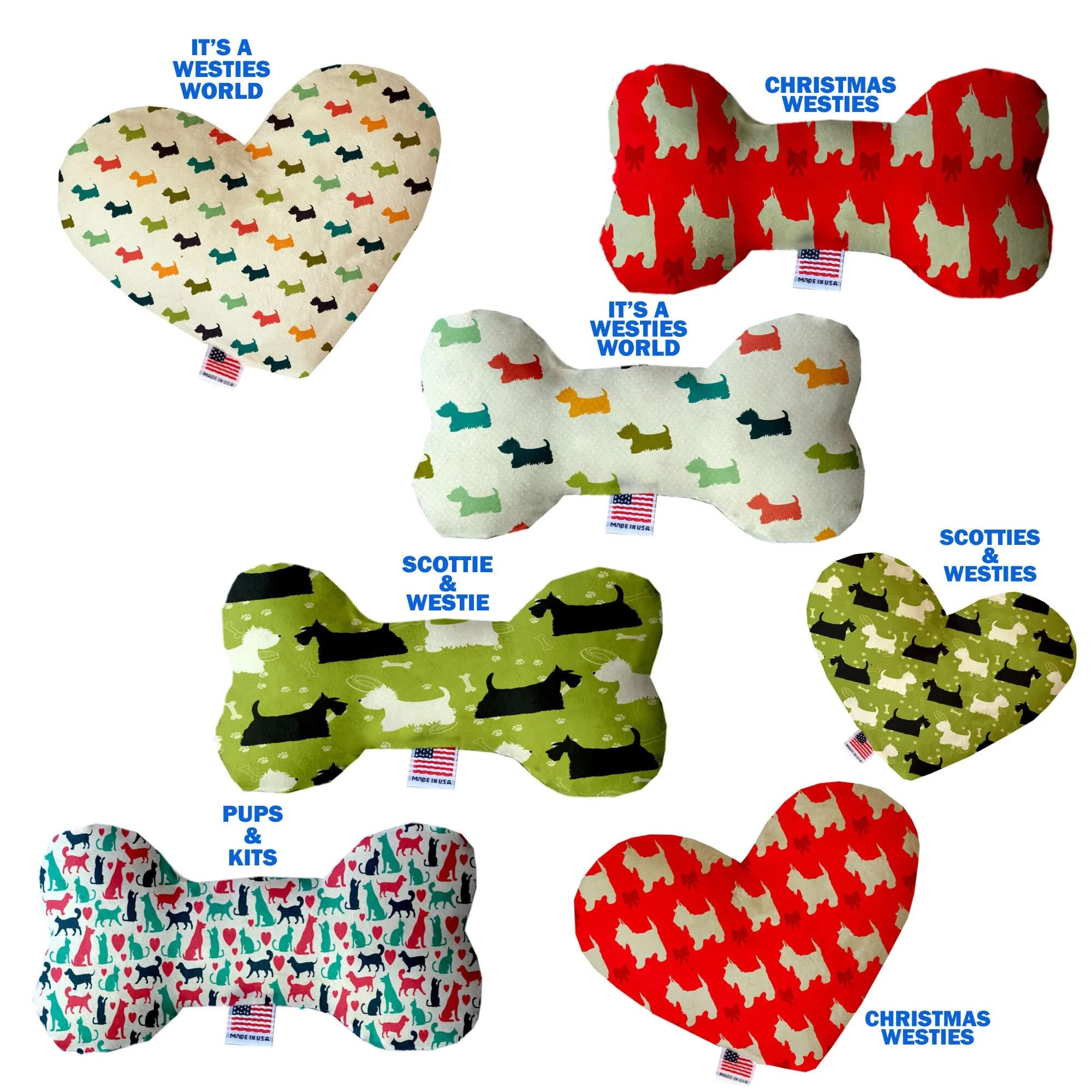 Christmas Pet and Dog Plush Heart or Bone Toy, &quot;Holiday Friends Group&quot; (Available in different sizes, and 7 different patterns!) Christmas Westies 6&quot; Plush Bone