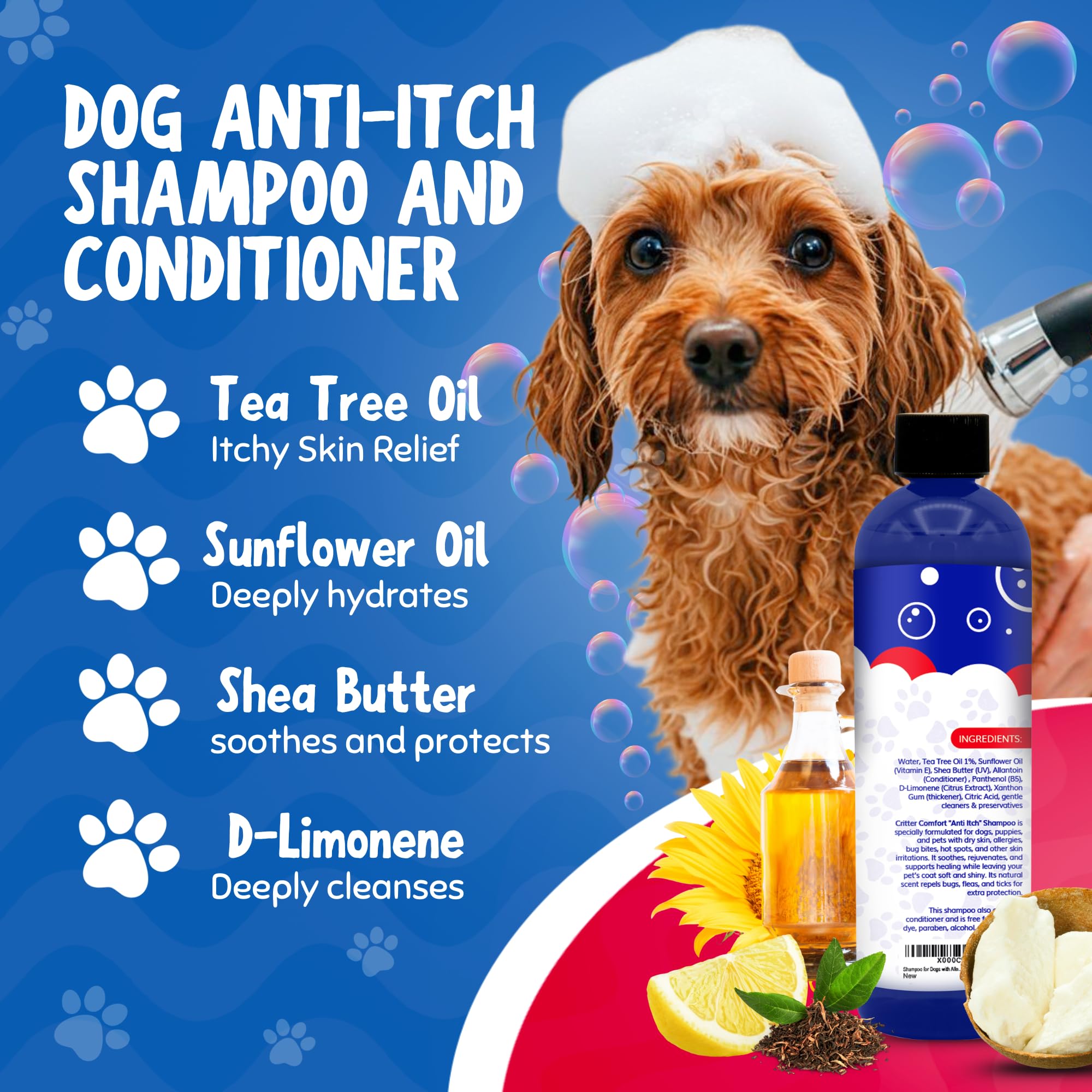Deshedding Dog Shampoo, Slicker Brush & Grooming Glove for Dogs & Cats. Bundle Includes Critter Comfort Anti-Itch Shampoo, Self-