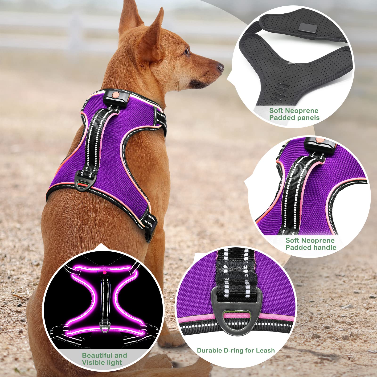 Light Up Dog Harness No Pull Led Dog Harness With Handle Vizbrite Rechargeable Lighted Dog Vest Harness For Small/Medium/Large/X-Large Size Dogs No Pull, 4 Point Adjustable Dog Harness