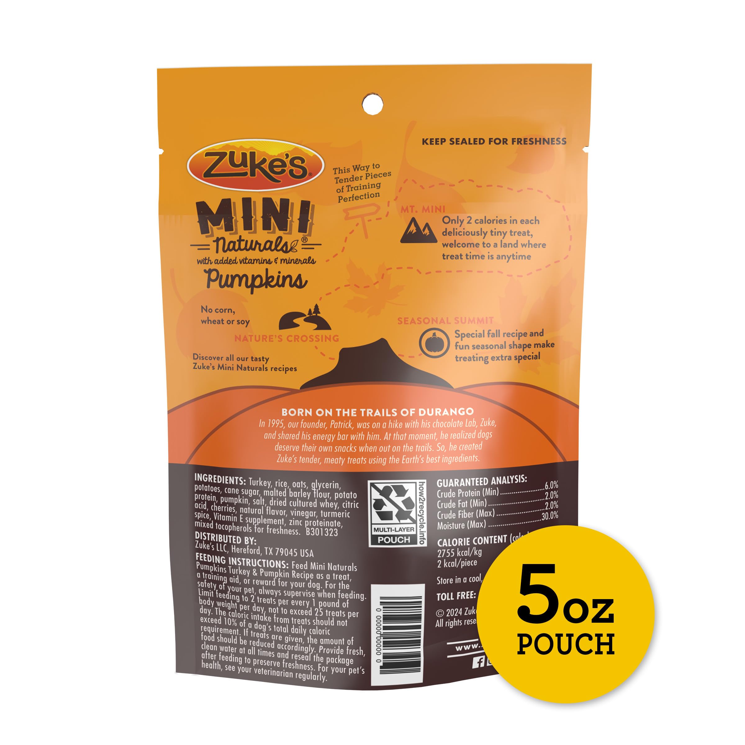 Zukes Mini Naturals Dog Training Treats for Dogs of All Sizes, Pet Treats made with Real Turkey and Pumpkin, 5 oz. Resealable Po
