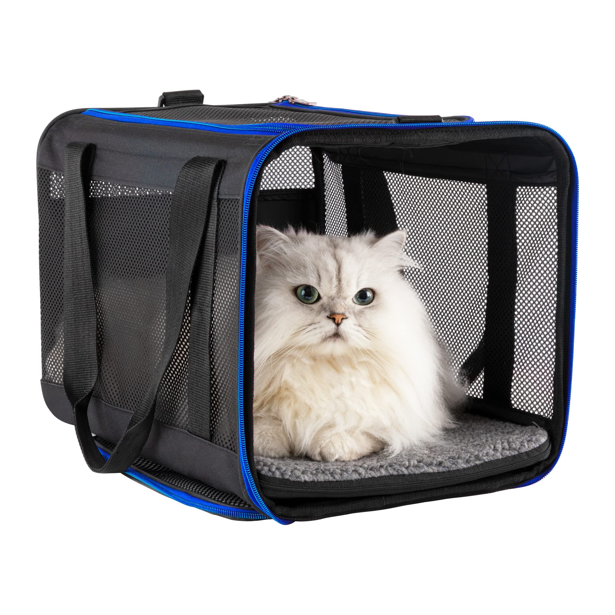 Petisfam Easy Load Soft Pet Carrier Bag Cat For Medium, Large Cats, Puppy, Sturdy, Collapsible, Comfy, Black W/Blue Trim, L