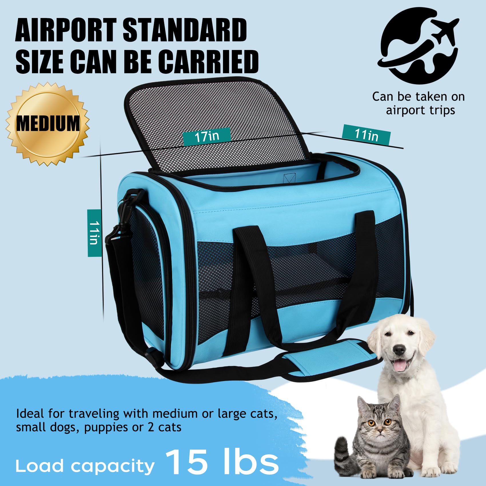 Yipincover Pet Carriers Soft-Sided Airline Approved Carrier Bag For Small Cats Dogs (Medium,Blue)