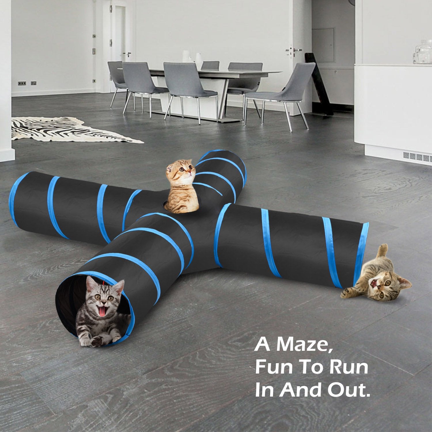 Pawaboo Cat Toys, Cat Tunnel Tube 4 Way Tunnels 25X53Cm Extensible Collapsible Cat Play Tent Interactive Toy Maze Cat House With Balls And Bells For Cat Kitten Kitty Rabbit Small Animal, Blue