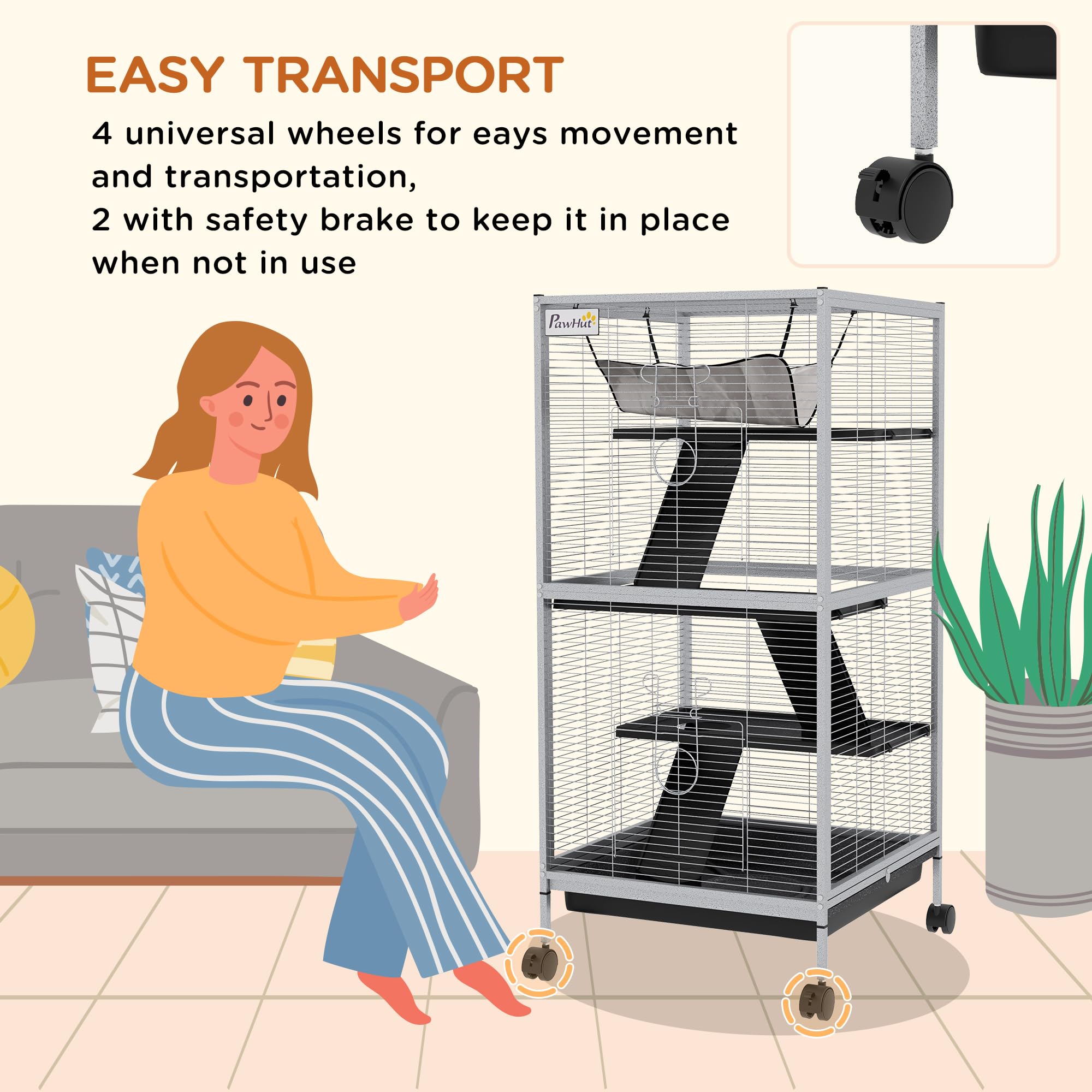 Pawhut Metal Small Animal Cage Rolling Big Ferret Cage, Chinchilla Cage, Sugar Glider Cage, With Hammock & 4 Tiers, Removable Tray, White