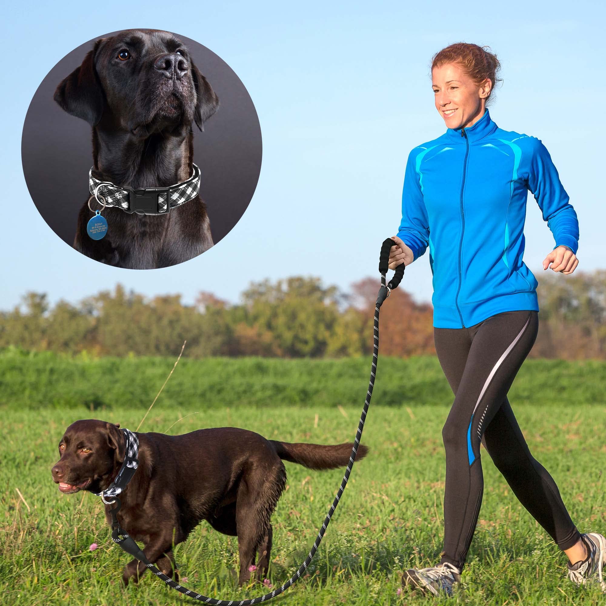 Ladoogo Reflective Dog Collar Padded With Soft Neoprene Breathable Adjustable Nylon Dog Collars For Small Medium Large Dogs (Medium (Pack Of 1), Black Plaid Collar+Leash)