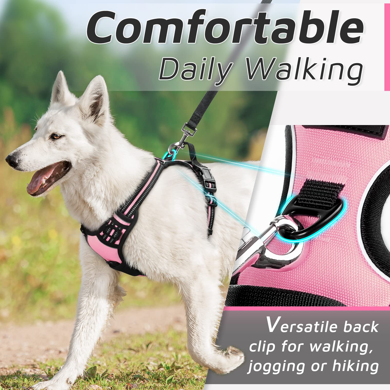 Eagloo Dog Harness For Large Dogs, No Pull Service Vest With Reflective Strips And Control Handle, Adjustable And Comfortable For Easy Walking, No Choke Pet Harness With 2 Metal Rings, Pink, L