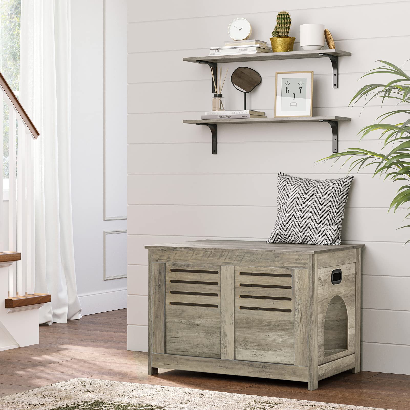 Dinzi Lvj Litter Box Enclosure, Flip-Top Enclosed Litter Box, Hidden Cat Washroom With Good Ventilation, Entrance Can Be On Left Or Right, Cat House Furniture For Most Of Cat And Litter Box, Grey Wash