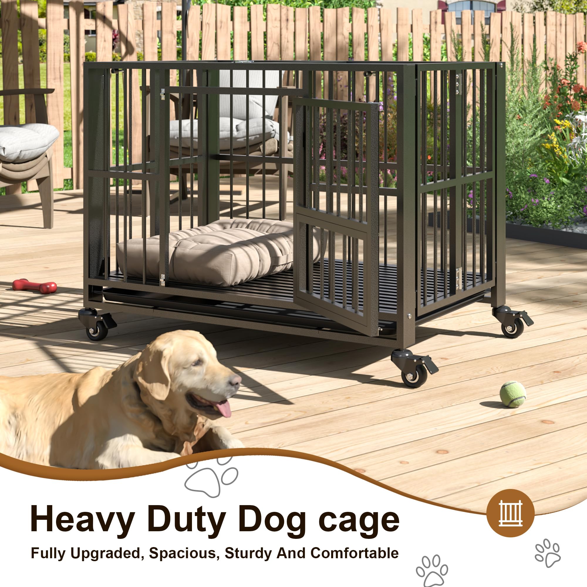Polar Aurora Heavy Duty Dog Crate, Foldable Indestructible Dog Kennel, Escape Proof Extra Large Dog Cage With Lockable Wheels, H