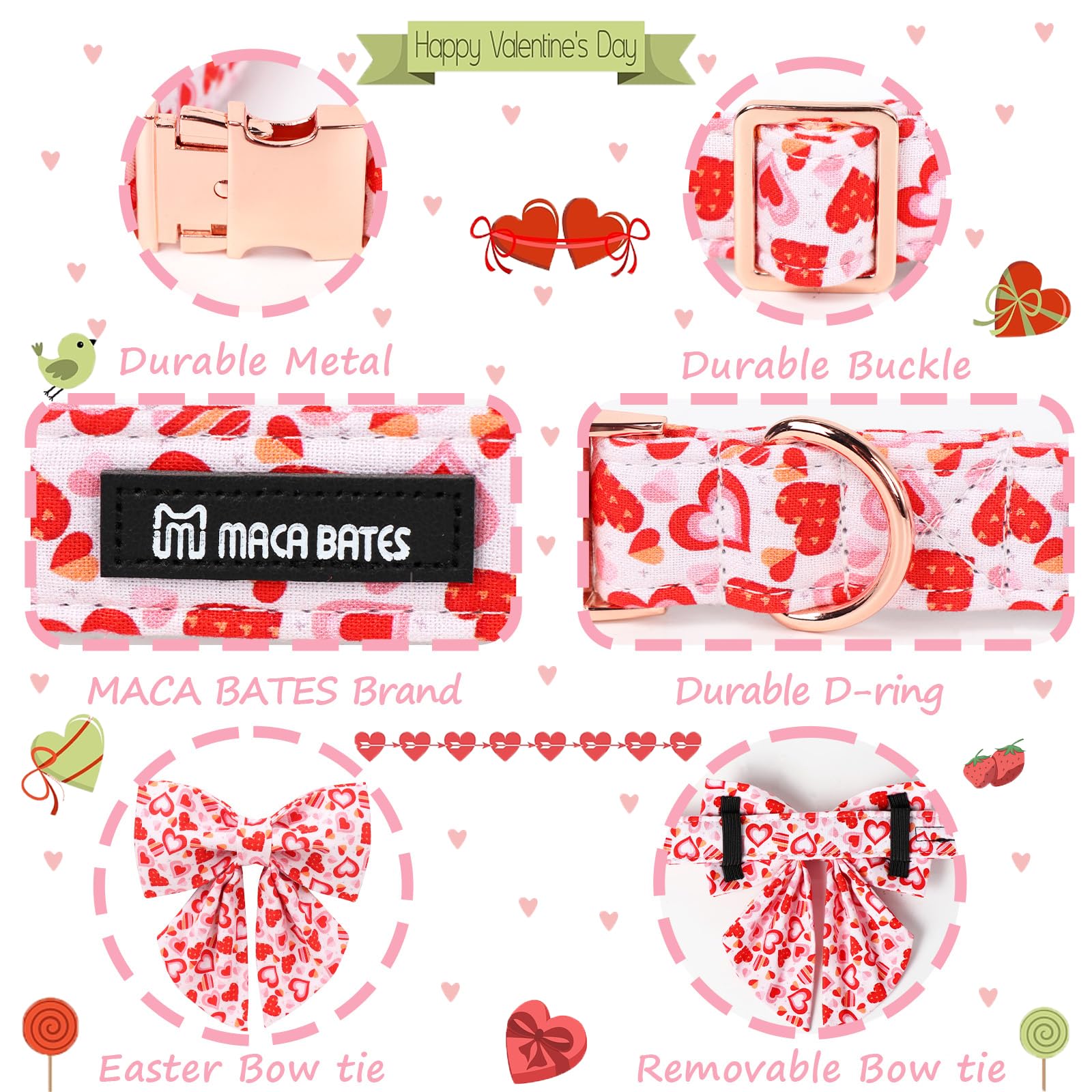 Maca Bates Valentines Sweet Heart Dog Collar with Bow Bowtie for Dogs Sailor Bow Tie Adjustable Breakaway Red Collars Accessorie