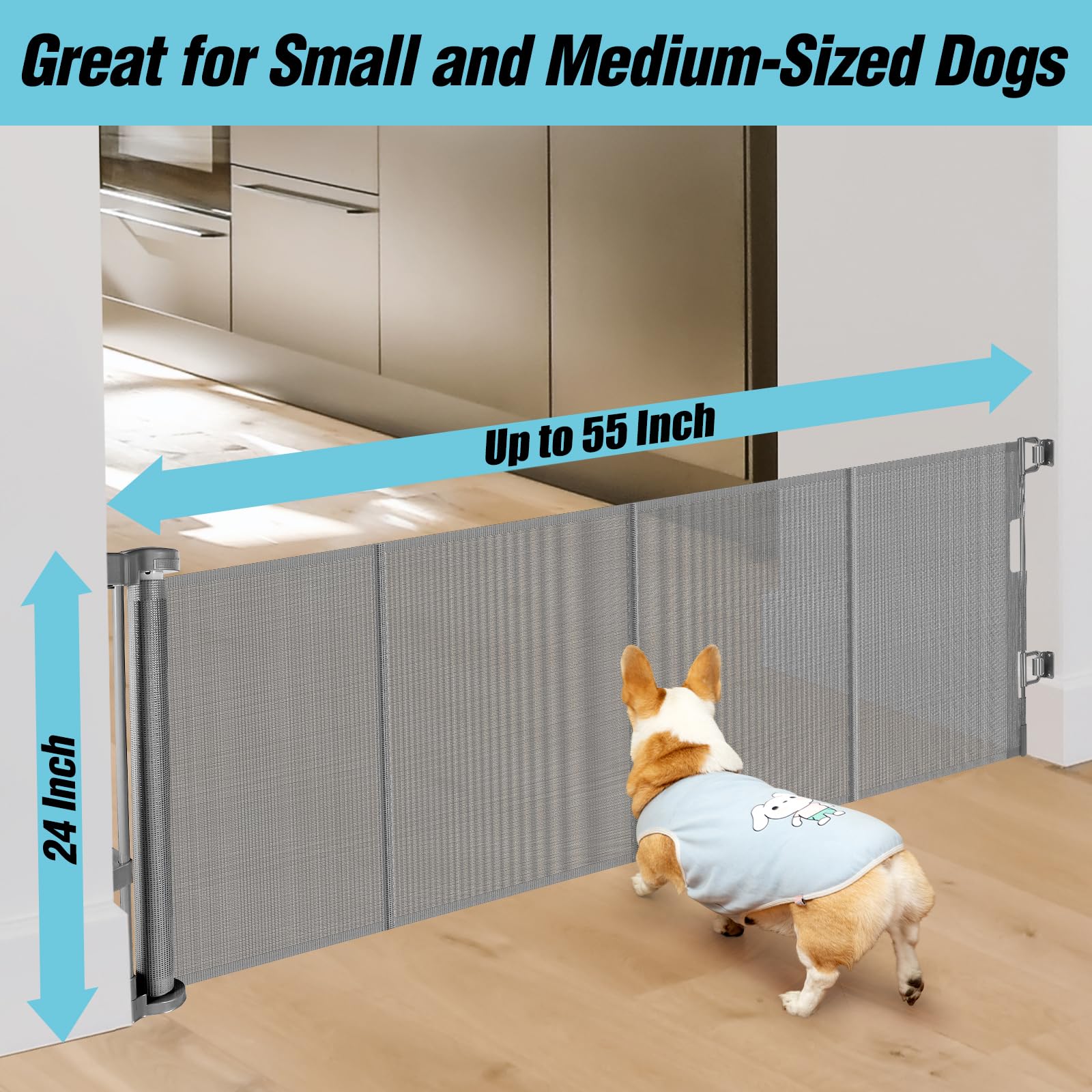 24 Inches Tall Retractable Baby gate for Dogs, Short Pet Gates to Step Over, Extends up to 55'' Wide, Reinforced Mesh Doggie Gat