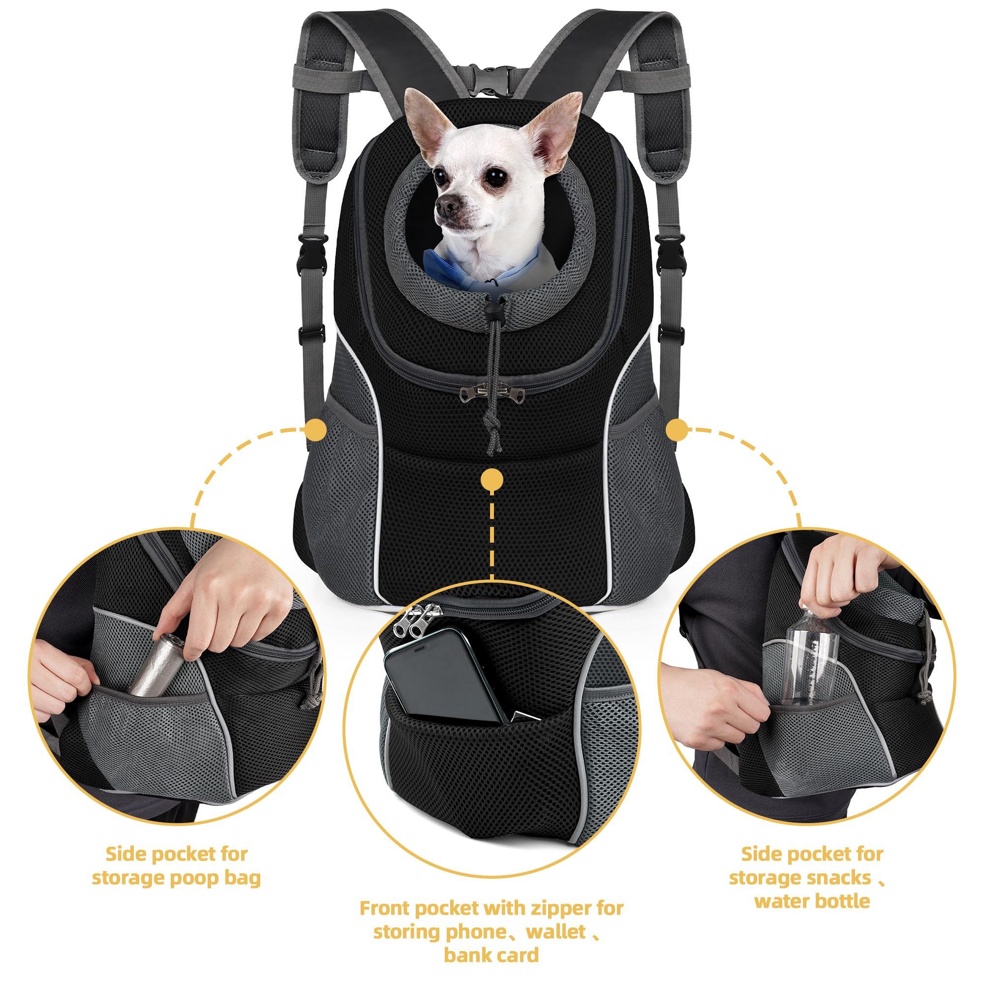 Woyyho Pet Dog Carrier Backpack Puppy Dog Travel Carrier Front Pack Breathable Head-Out Backpack Carrier For Small Dogs Cats Rabbits (L (Up To 14 Lbs), Black)