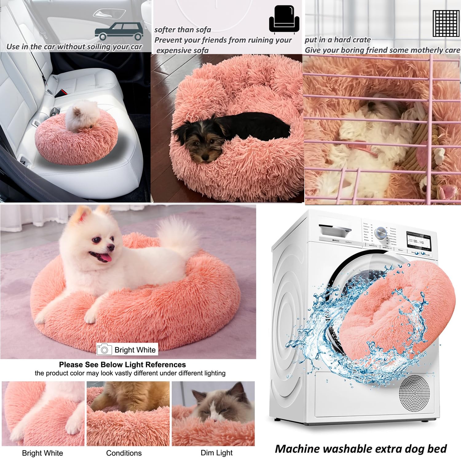 wrkfree Pink Puppy Bed 15 Inch Washable, Donut Soft Small Pet Bed,Calming Anti Anxiety Round Fits up to 5 lbs Warm Comfort Pets