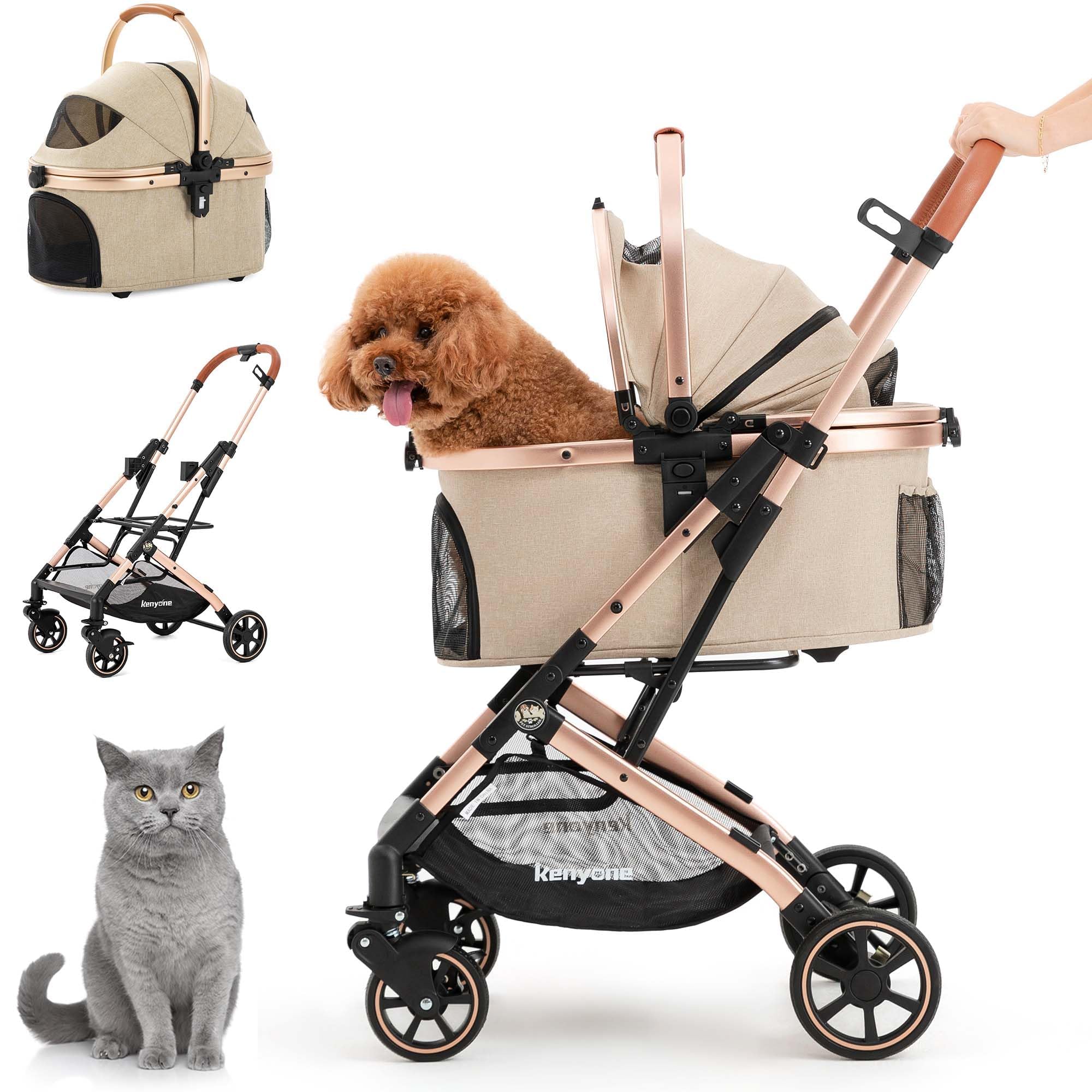 Kenyone 3-In-1 Pet Stroller For Small Medium Dogs Puppy Cat Stroller With Detachable Carrier & Pad Lightweight Foldable Aluminum