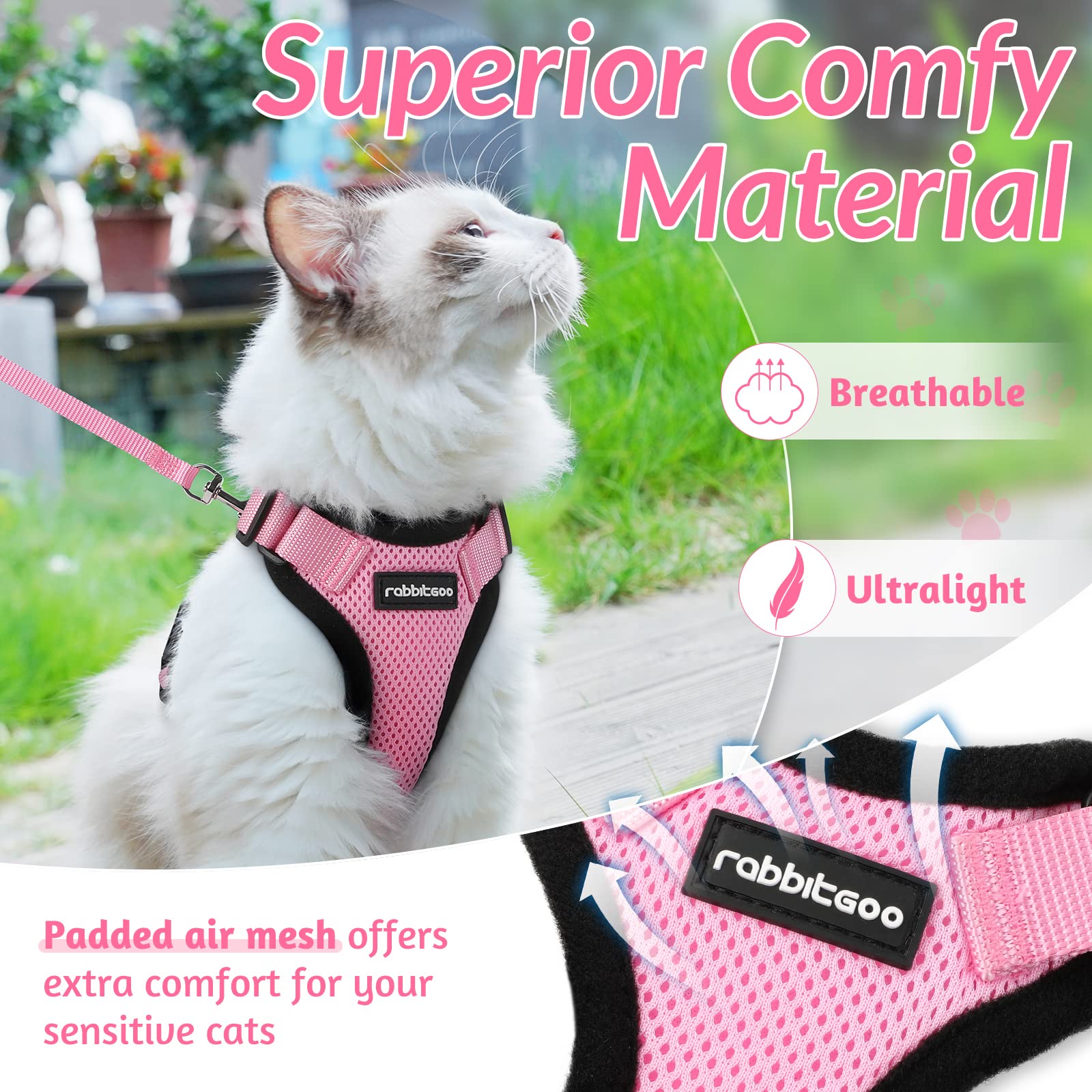 Rabbitgoo Cat Harness And Leash For Walking, Escape Proof Soft Adjustable Vest Harnesses For Cats, Easy Control Breathable Reflective Strips Jacket, Pink, Xs