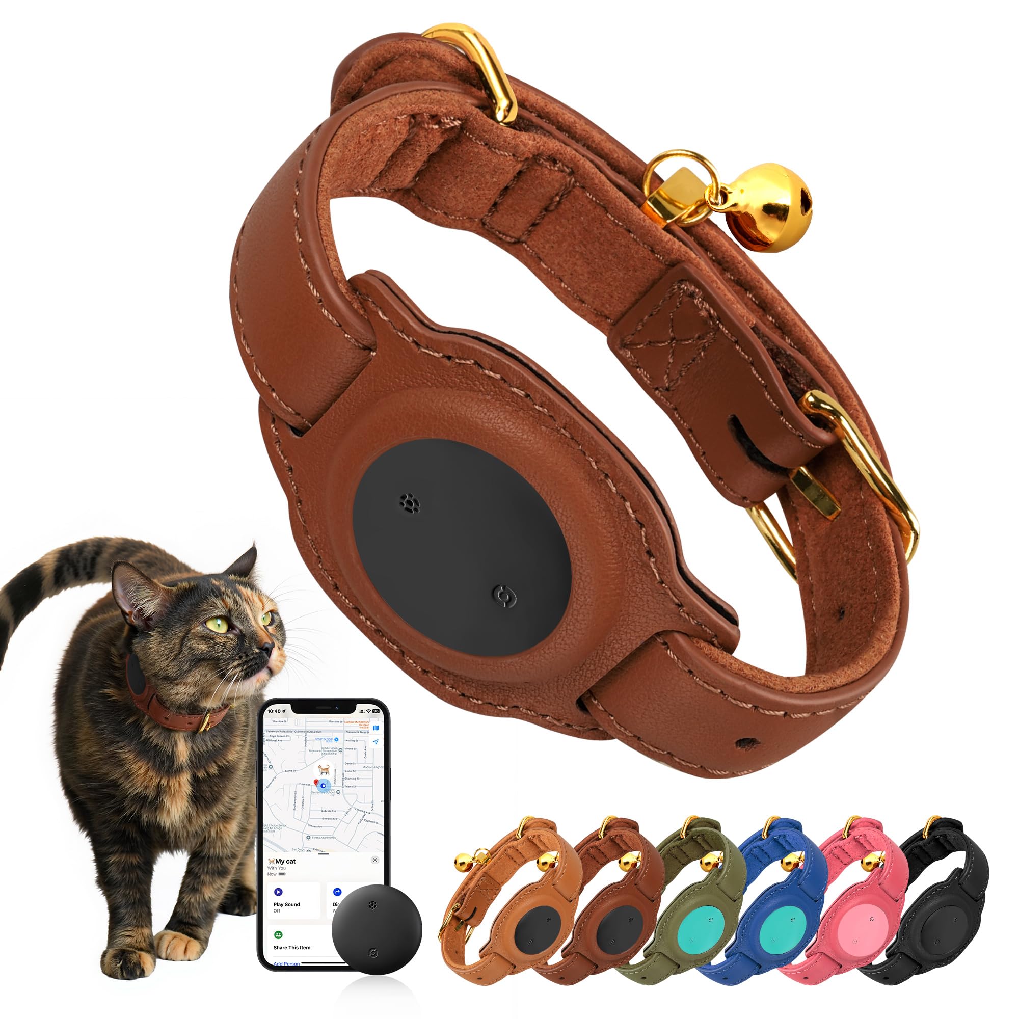 Cat Tracker, Gps Pet Tracker For Cats (Only Ios), Leather Cat Collar With Tracker, Works With Any Collar, No Monthly Fee, Compat