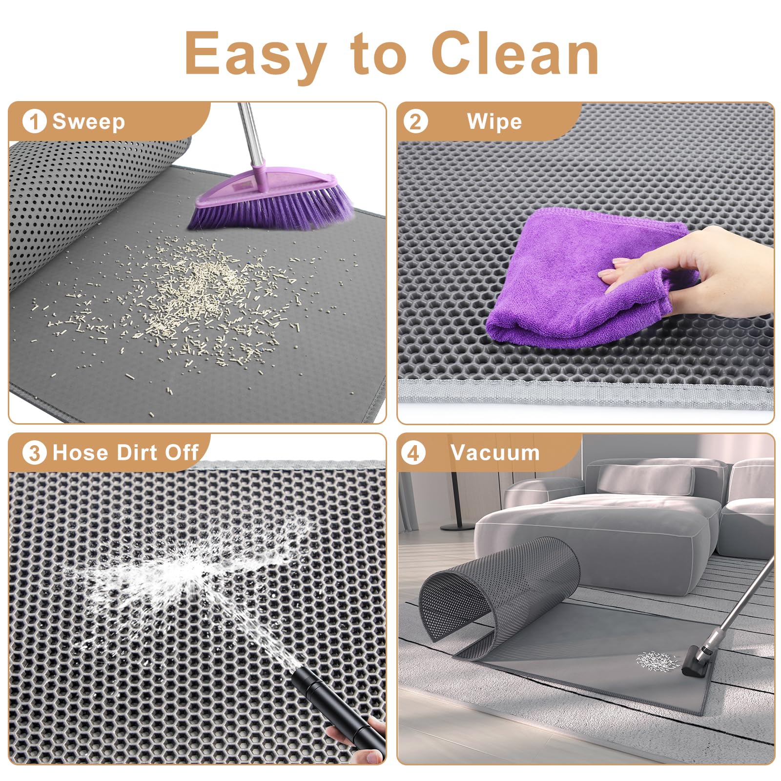 Garoopion Cat Litter Box Mat, Large 30' X 24' Eva Litter Trapping Mat, Double Layer Honeycomb Holes Scatter Control, Gray