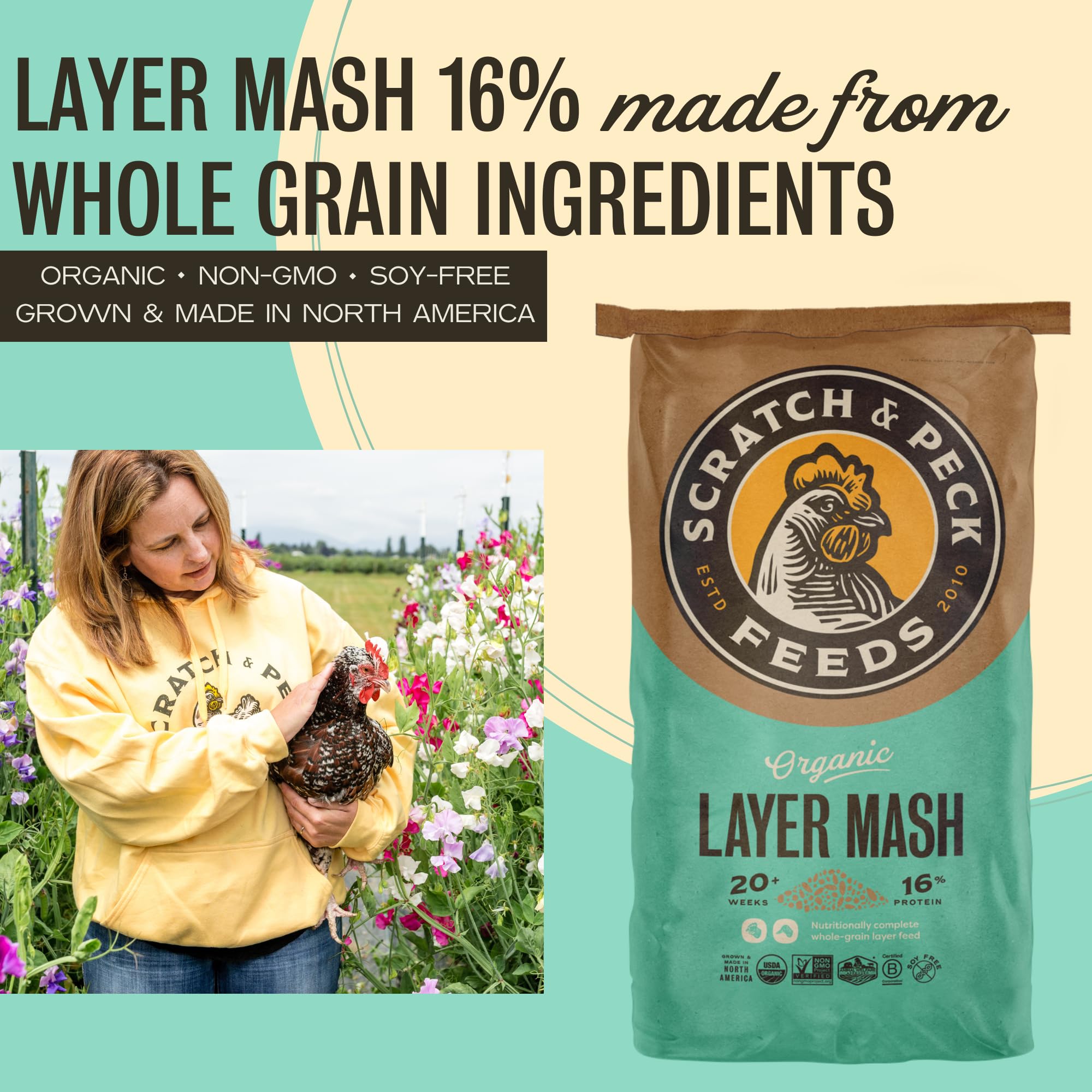 Scratch and Peck Feeds Whole Grain Layer Mash Chicken and Duck Feed - Corn-Free and Soy-Free - 16% Protein, Certified Organic an