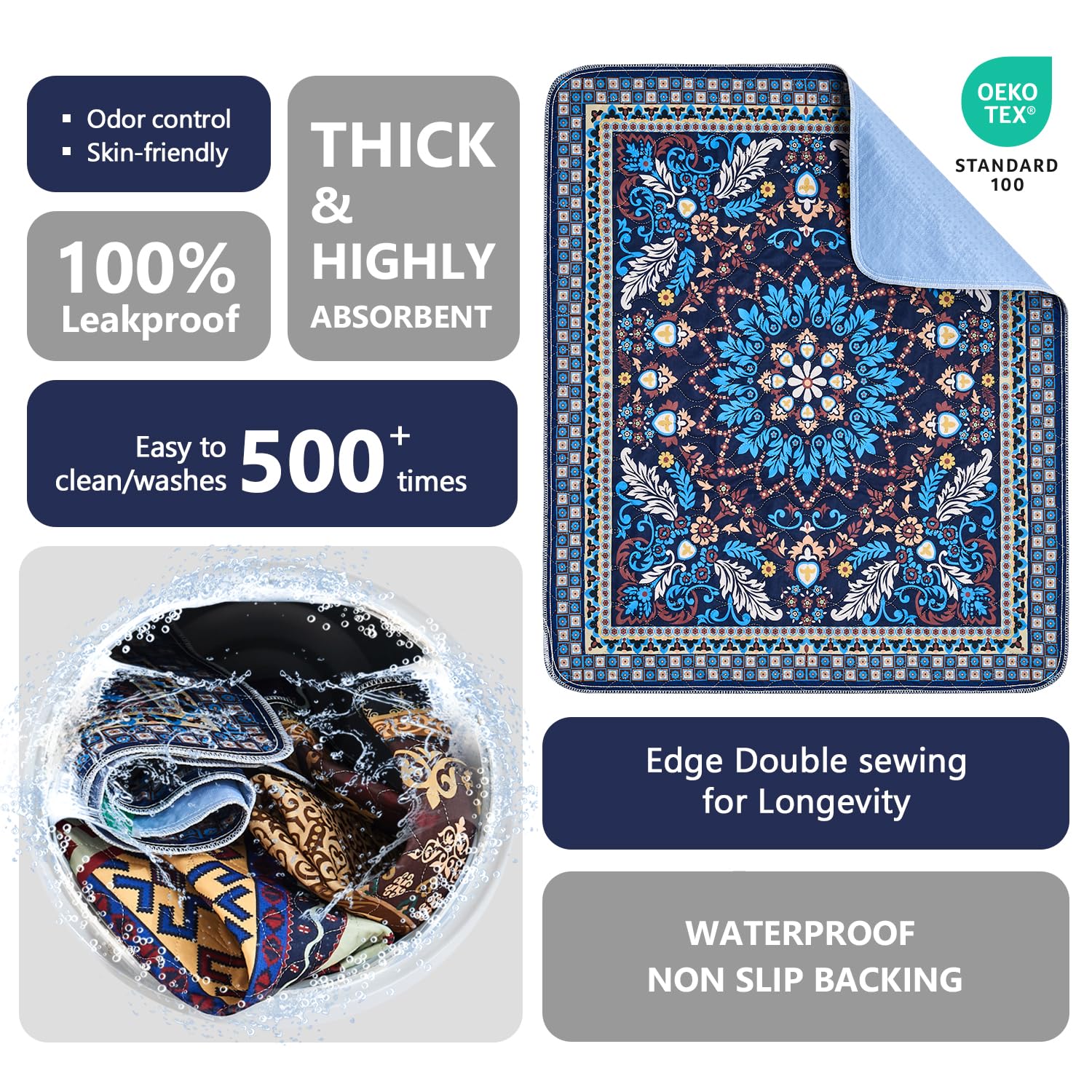 Qeils Washable Pee Pads, Reusable Puppy Pads 4 Pack 30'X34' Super Absorbent Leakproof Dog Training Pads, Non-Slip Wee Wee Pads