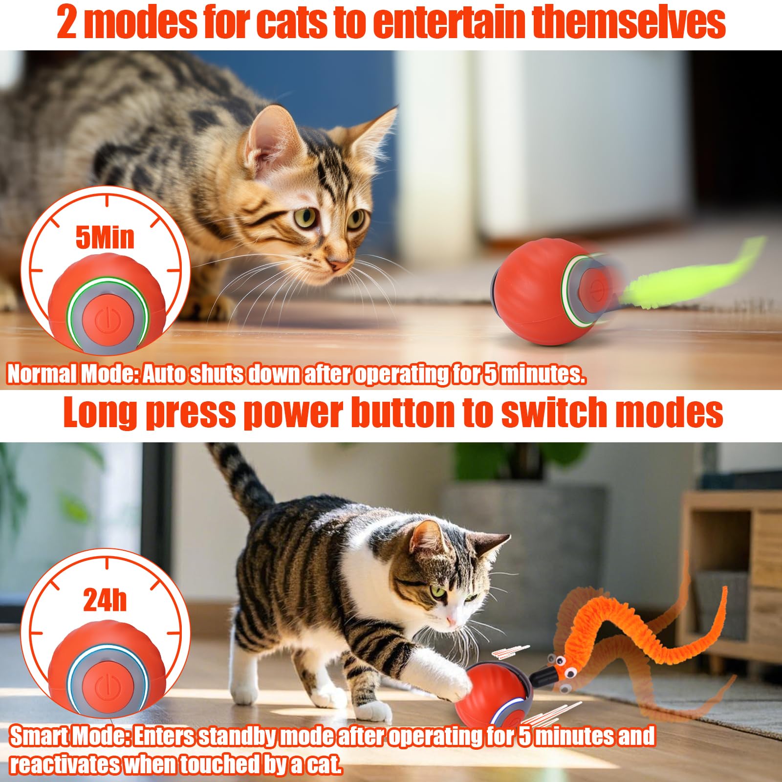 Aiersa Interactive Automatic Cat Toys For Indoor Adult Cats,Self Play Speed Tail Toy With 3 Tails And 4 Springs (Orange)