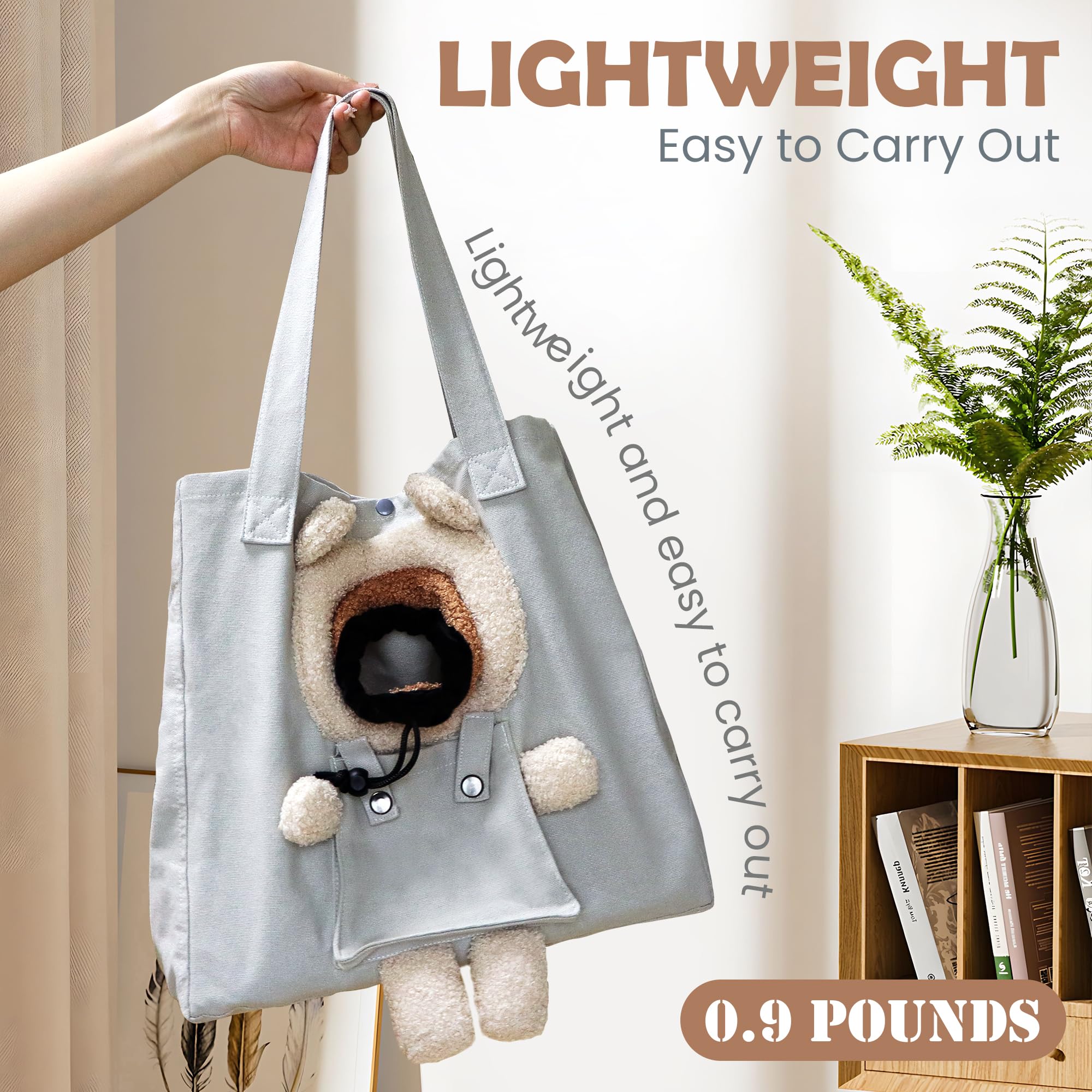 Pet Canvas Shoulder Carrying Bag, Cute Grey Bear Shaped Cat Carrier, M Size Portable Kitten & Puppy Tote, Comfort Carriers For S