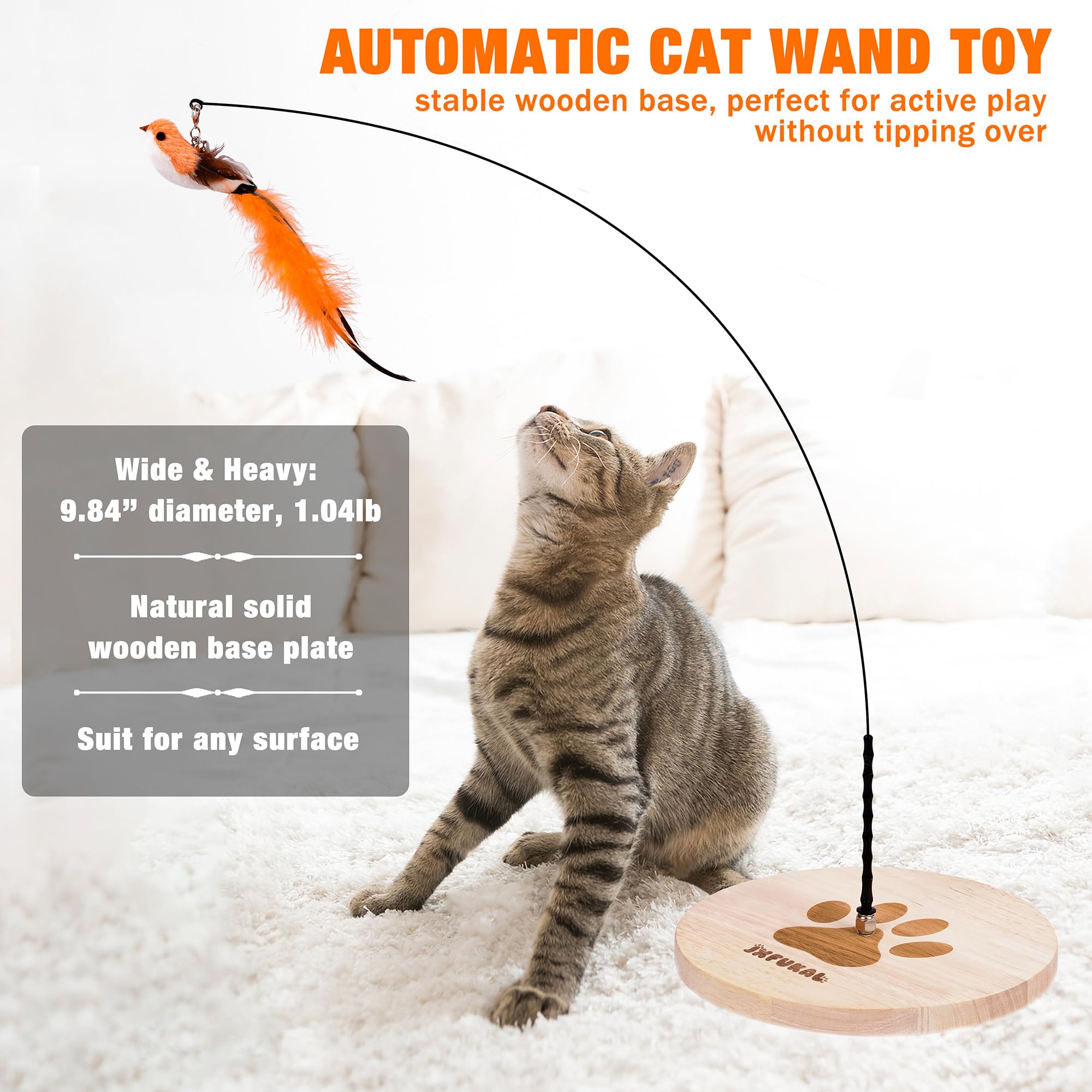 JXFUKAL Interactive cat Toy, Automatic Cat Wand Toy with Stable Wooden Base, 2 PCS Detachable Cat Teaser, 5PCS Refills Replaceme