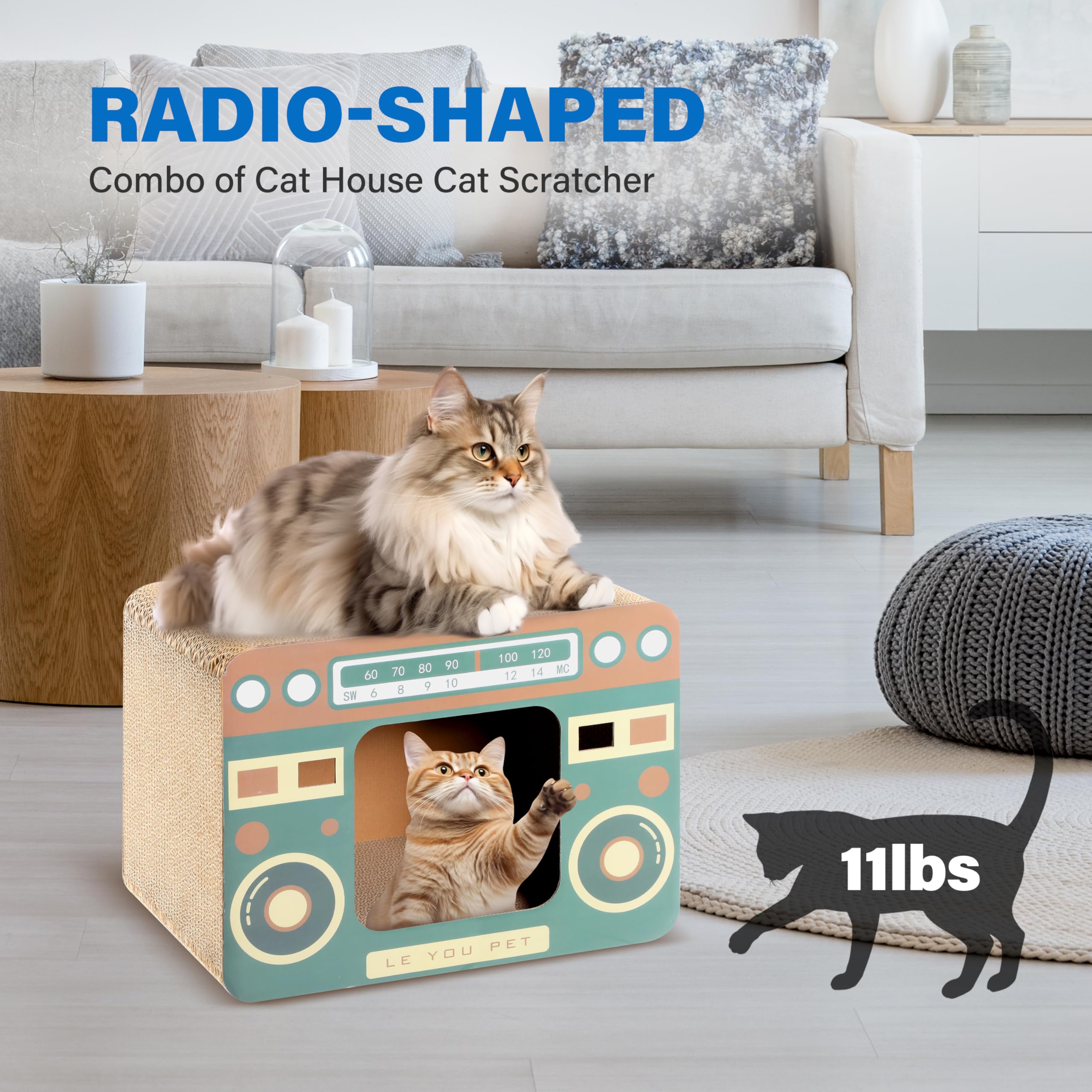 Radio Cat Scratcher Cardboard Lounge Bed - Durable Pads Prevent Furniture Damage - Cat Scratchers & Play House For Indoor Cats -