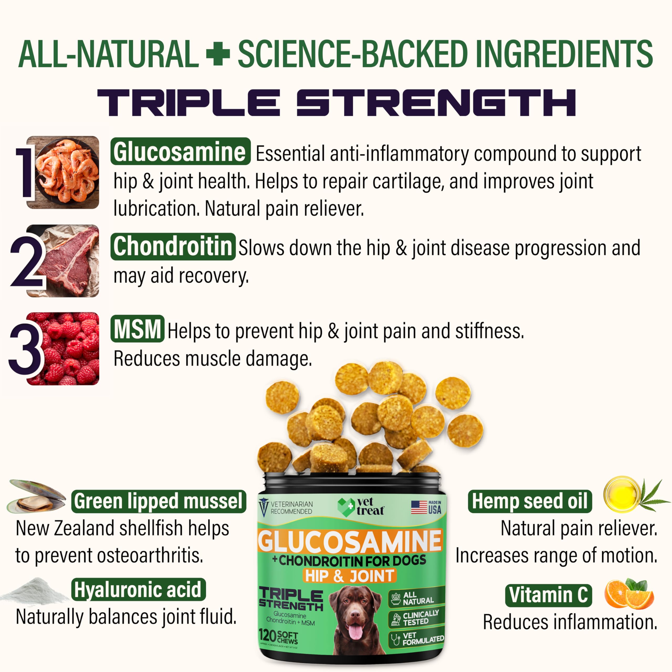 Hemp Hip and Joint Supplement for Dogs - Glucosamine for Dogs -Made in USA- 120 Treats Pain Relief Anti Inflammatory - Chondroit