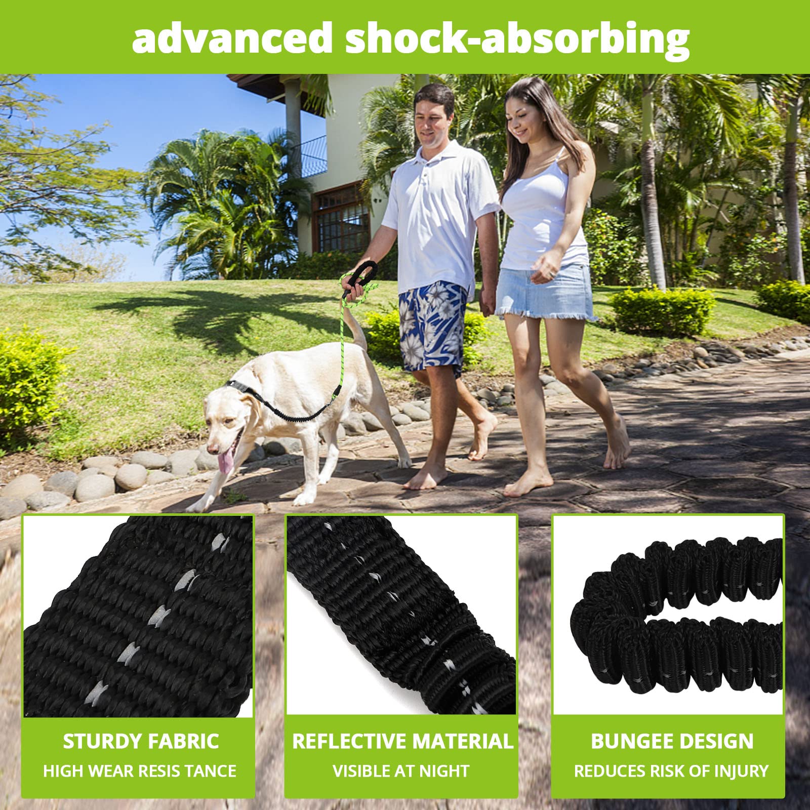 Rope Dog Leash 6 Ft: Heavy Duty Leashes With Swivel Lockable Hook Reflective Threads Bungee And Padded Handle - Dog Lead For Large Small Medium Dogs Outside Walking Hiking Green