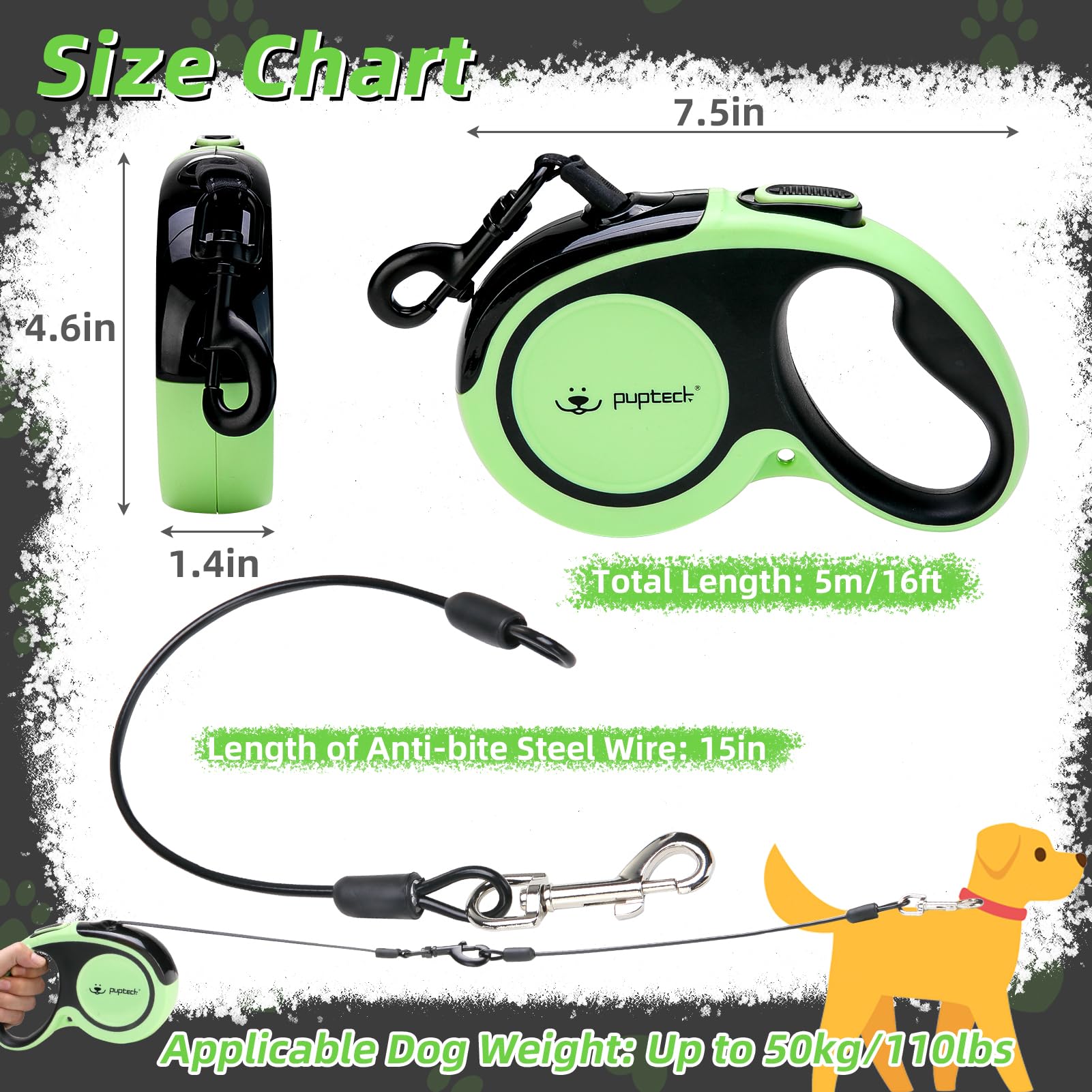Pupteck Chew Proof Retractable Dog Leash For Up To 110Lbs Small Medium Large Dogs, 16Ft Reflective Extendable Dog Leash With 15In Durable Wire Rope For Training Walking Green