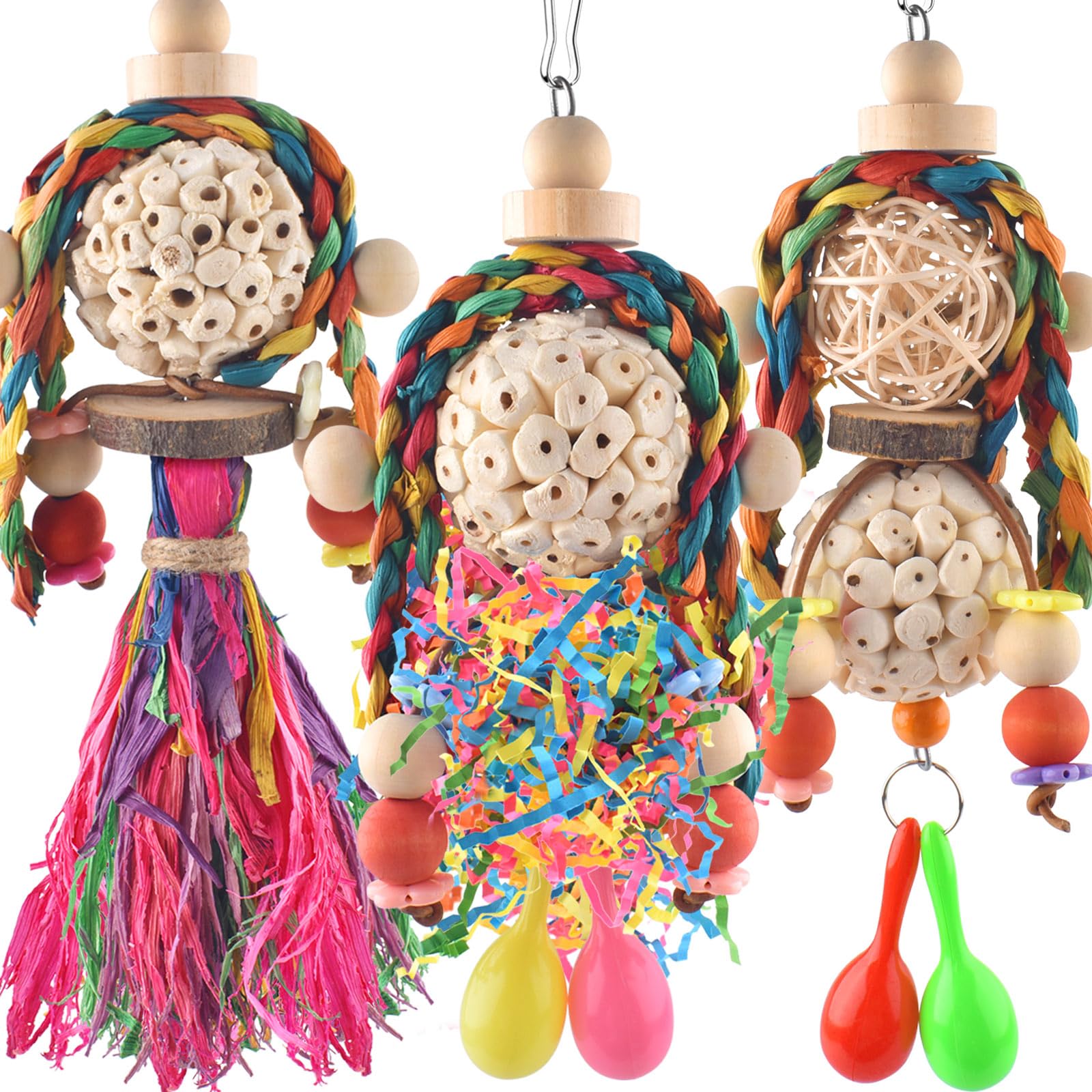 Bissap 3Pcs Bird Parrot Foraging Shredder Hanging Toys Sola Balls With Sand Hammer For Small Parrots Parakeets Conures Cockatiel