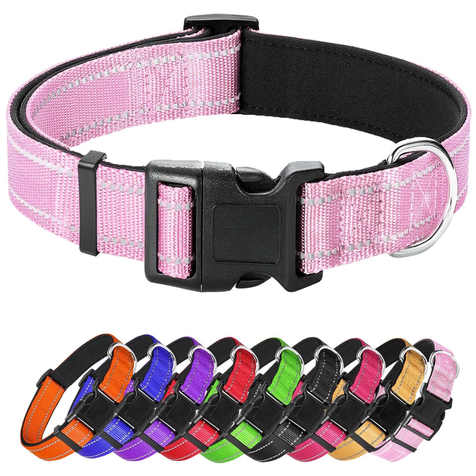 Large Dog Collar, Reflective Pet Collar With Buckle Adjustable Safety Nylon Collars For Small Medium Large Dogs, Light Pink