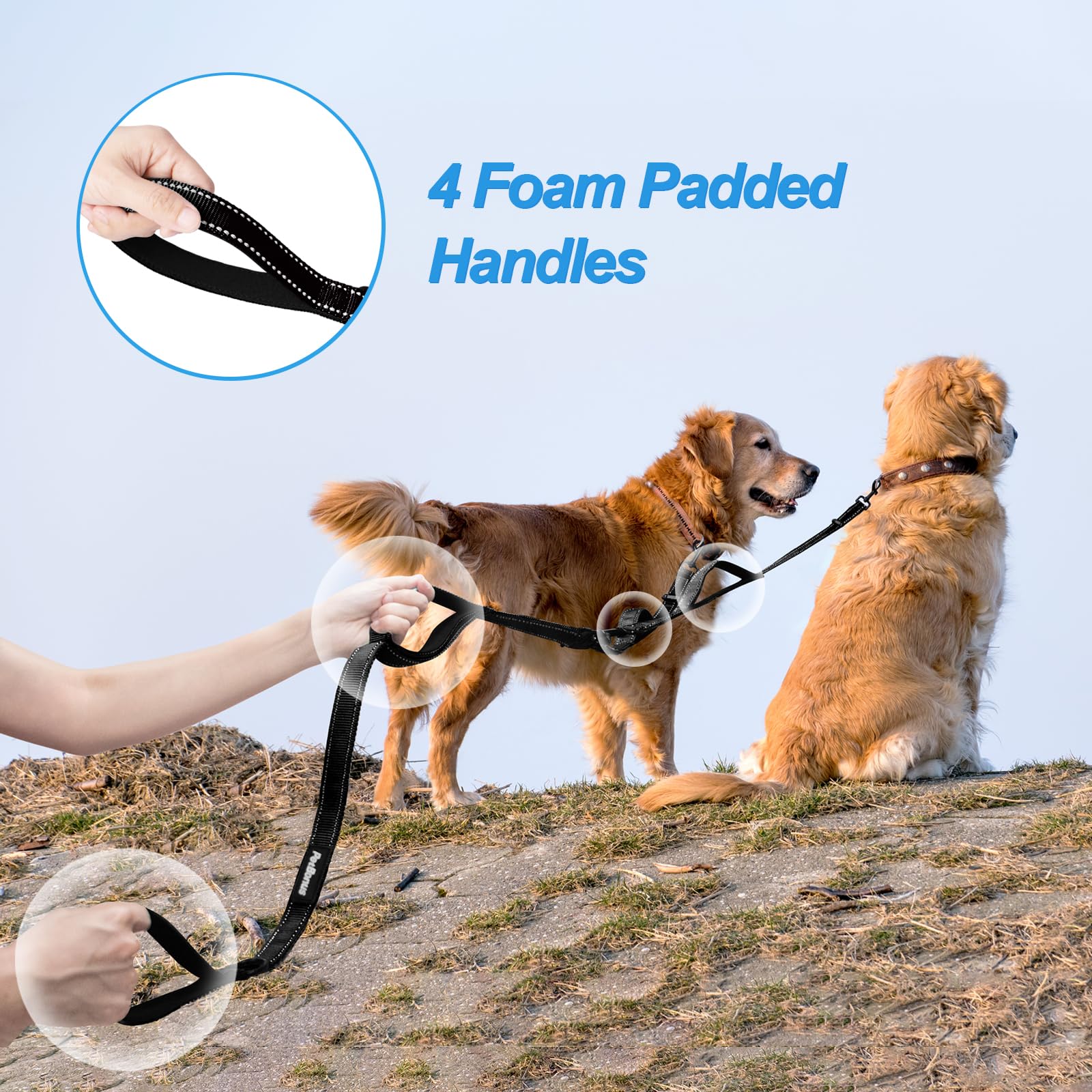 Petbonus Double Dog Leash, No Tangle Dual Leash, Reflective Walking Training Lead, 4 Comfortable Padded Handles For 2 Dogs With