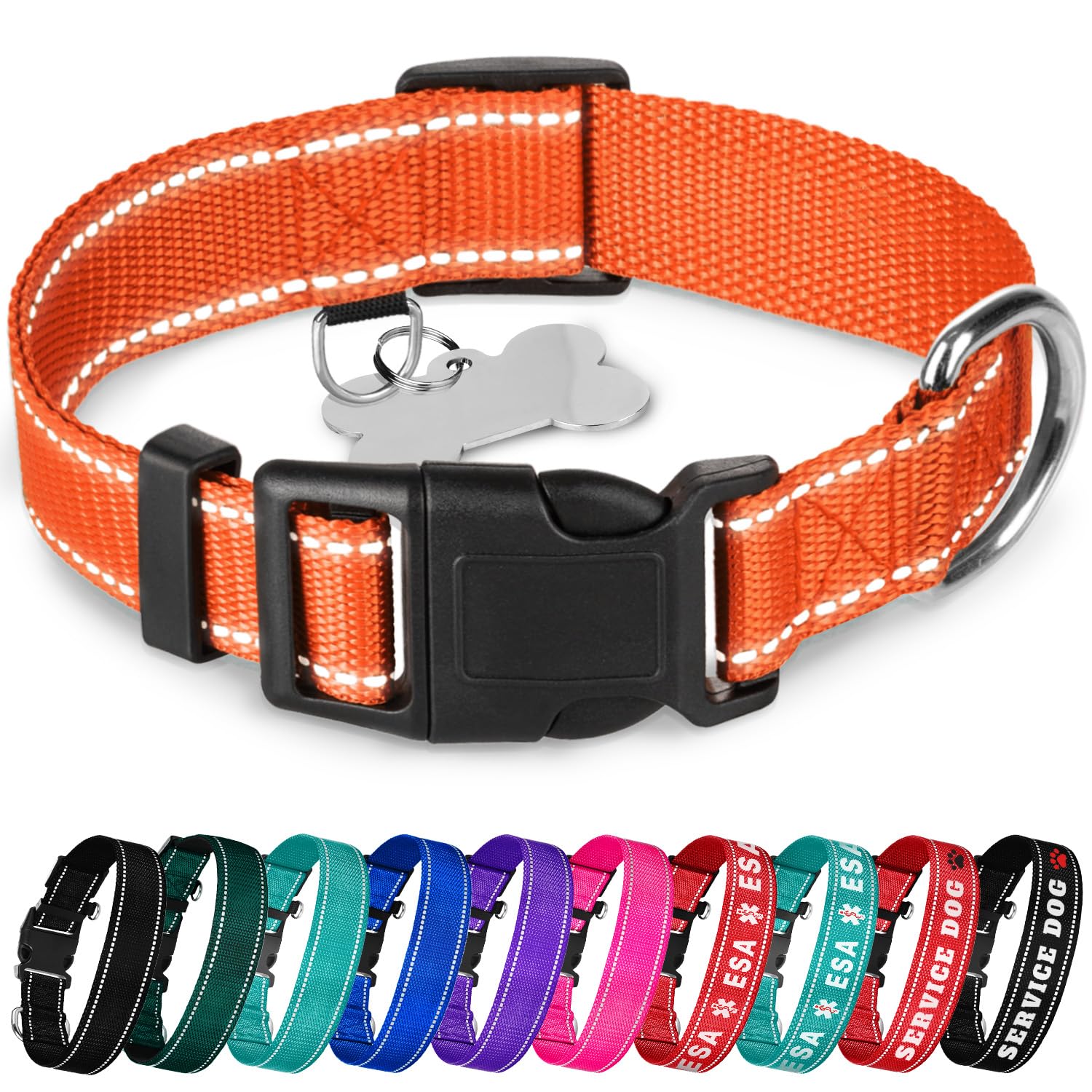 Teceum Reflective Dog Collar - Orange - Xl - Basic Nylon Pet Collar - Quick Release Buckle - Fits Small, Medium And Large Dogs, 
