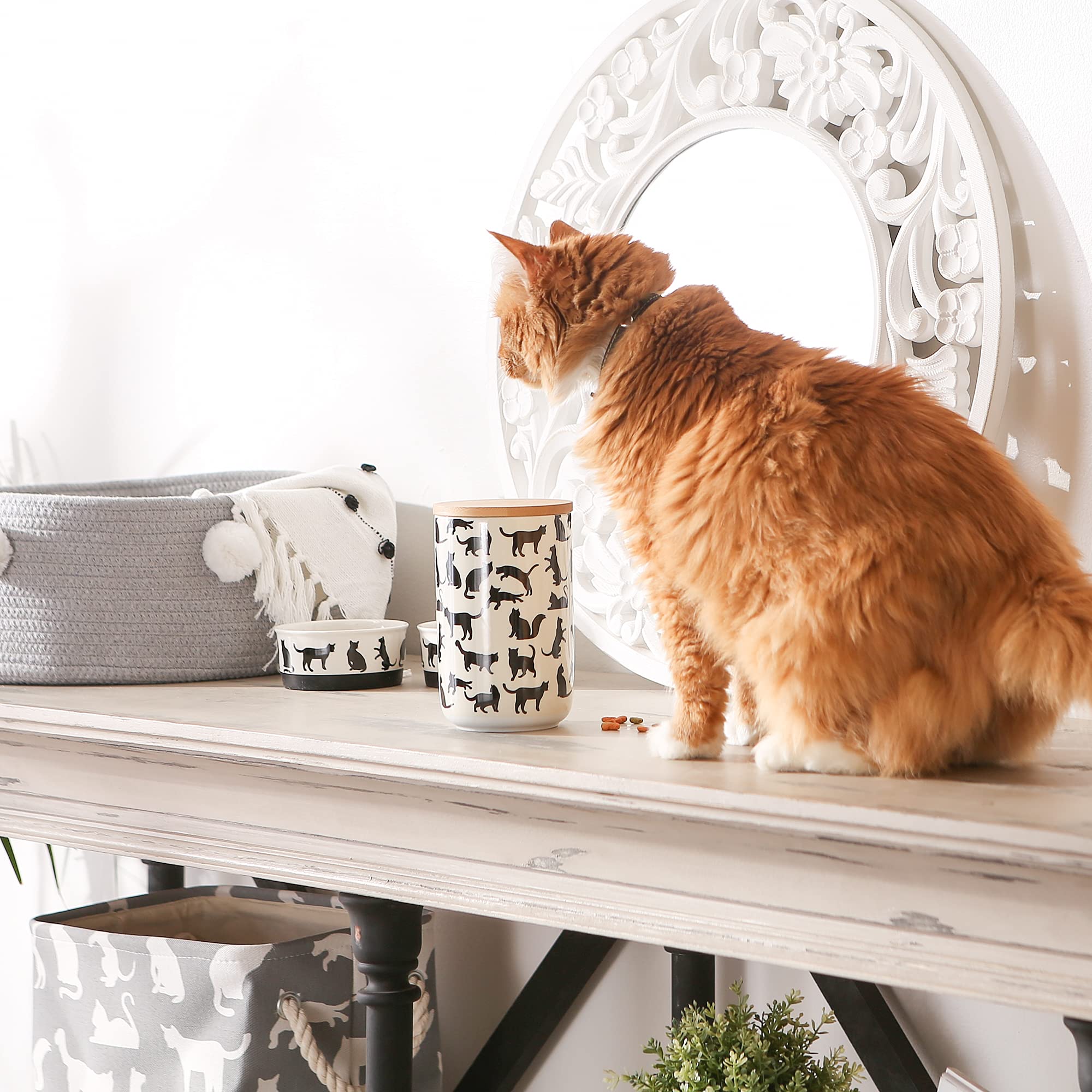 Bone Dry Ceramic Treat Jar for Cats and Dogs, Bamboo Lid, Dishwasher Safe Canister, 4x6.5, Black/White, Cat Treats