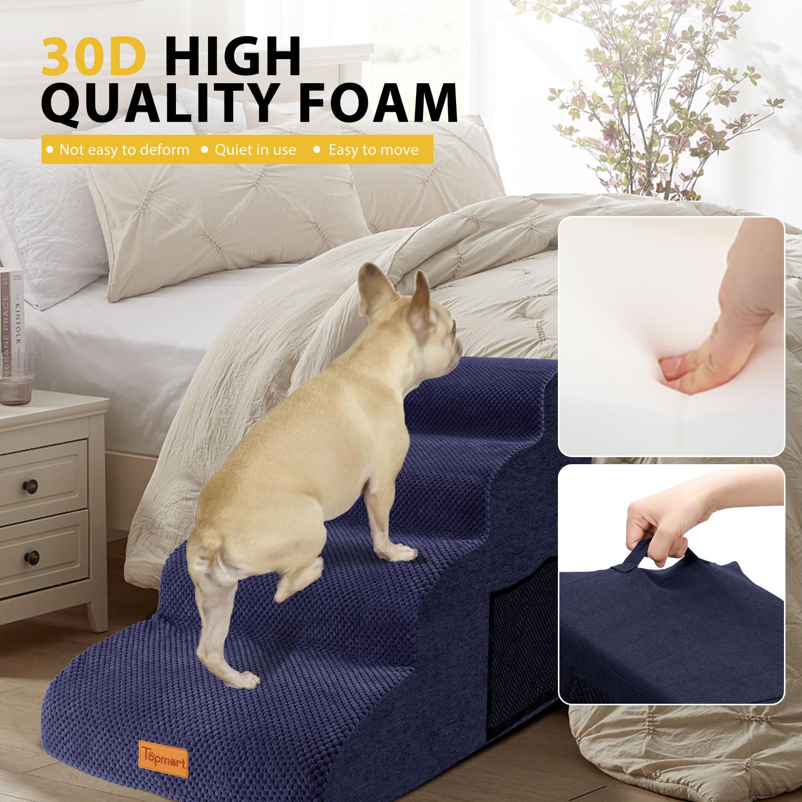 Dog Stairs For Small Dogs,4-Step,Foam Dog Steps&Ramps For Couch/High Beds With Waterproof &Removable Cover, Non-Slip, Blue