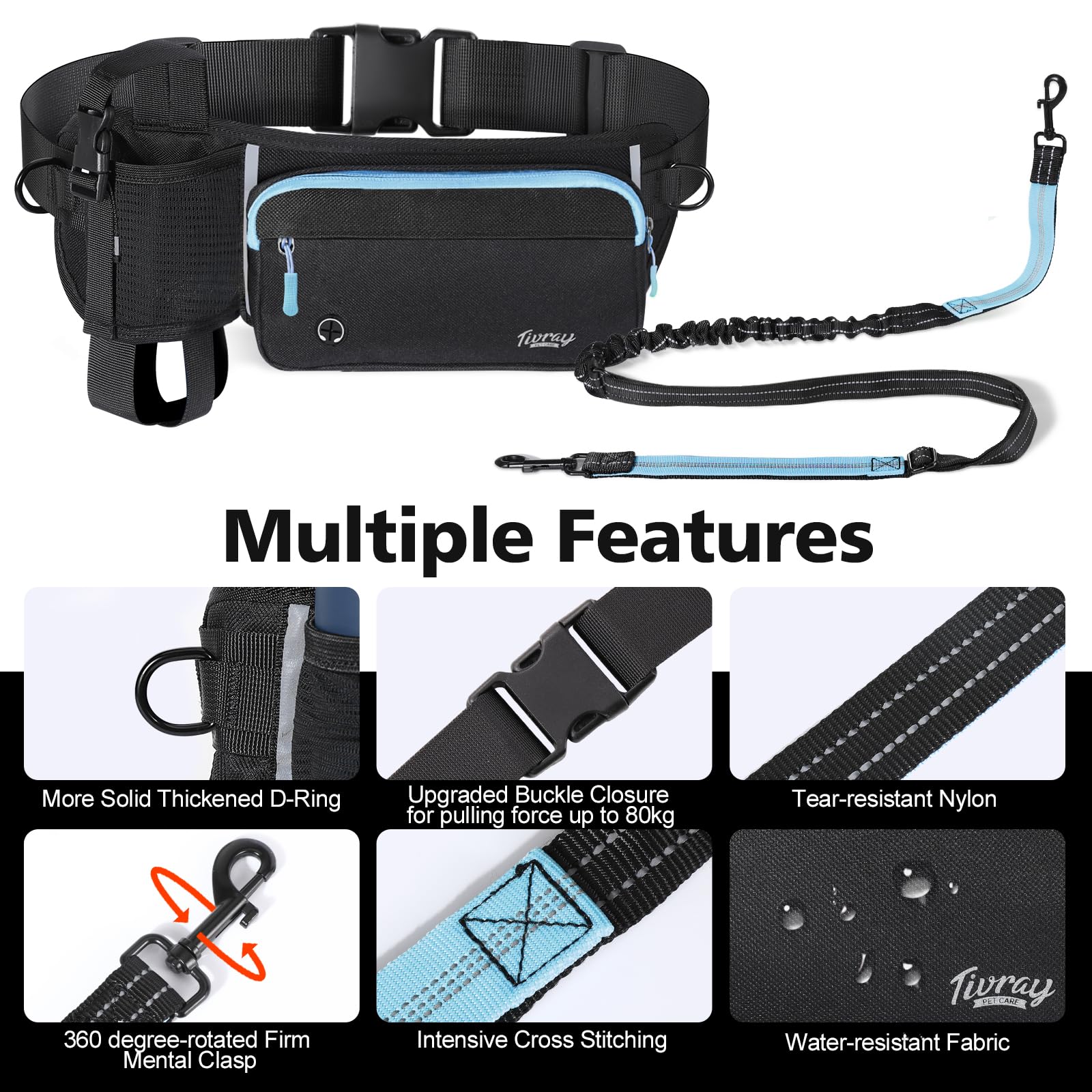 Tivray Hands Free Dog Leash 2 Dogs, Adjustable Waist Leash for Dog Walking with Dual Bungees Padded Handle, Shock Absorbing Hand