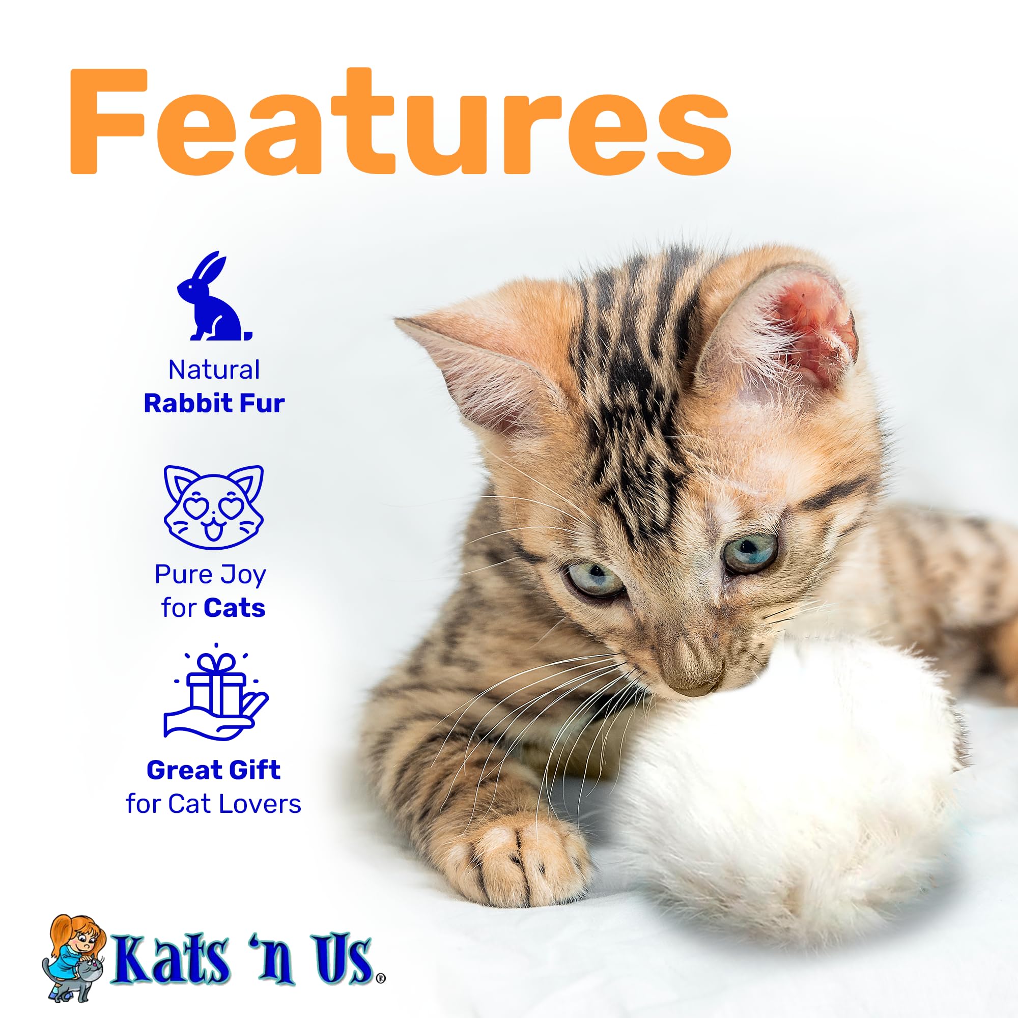 Kats'N Us Real Rabbit Fur Pom Pom Cat Toy - Jumbo Size - White Fuzzy Cat Balls For Interactive Play And Entertainment - 5 Pack