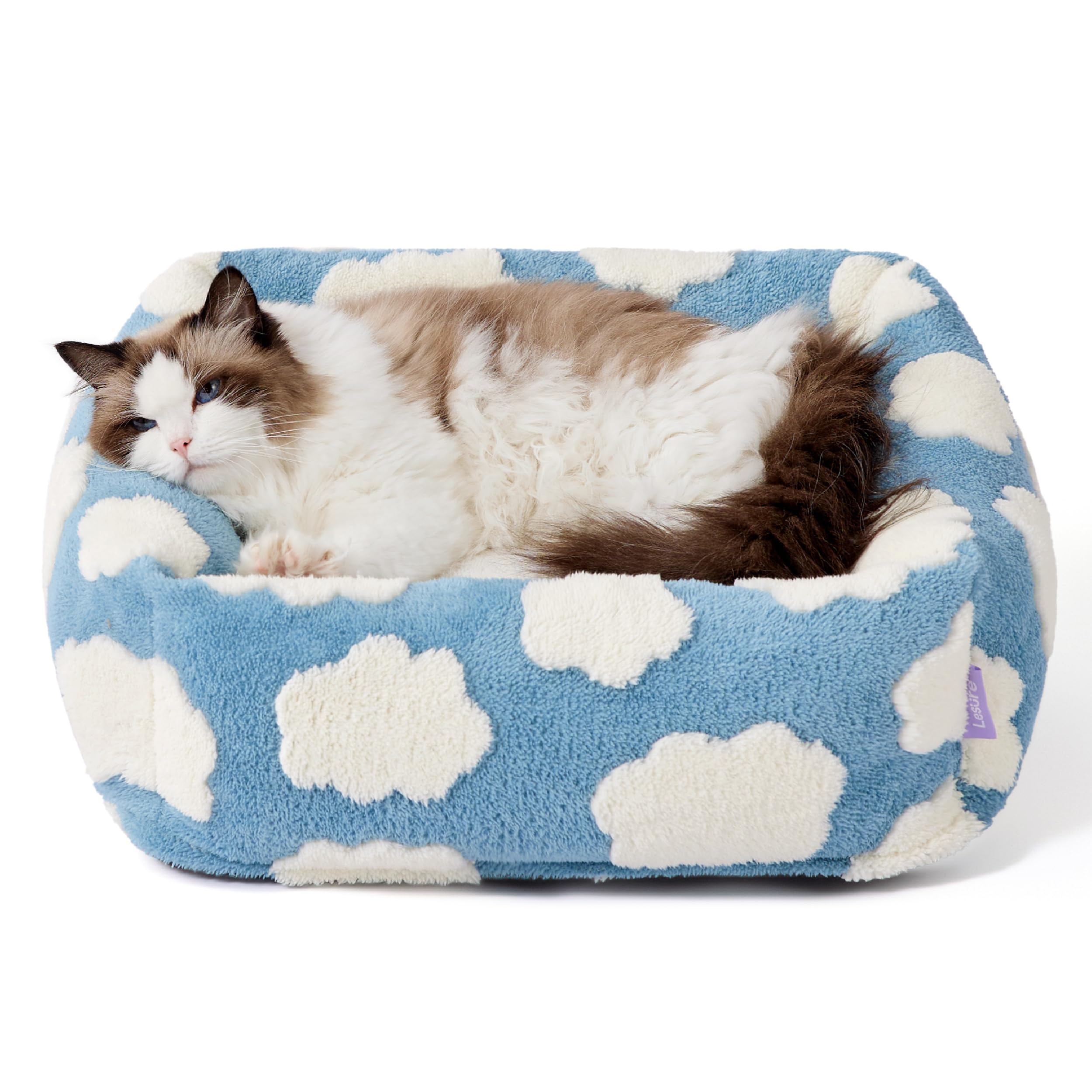 Lesure Cute Cat Beds For Indoor Cats - Washable Kitten Puppy Beds,Cozy Rectangle Orthopedic Pet Sofa With Jacquard Shaggy Plush 