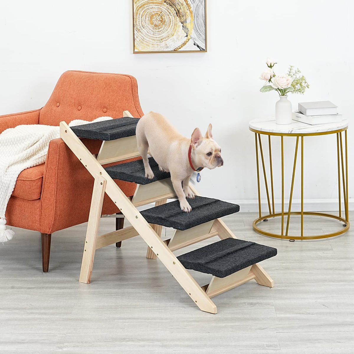 Sweetbin Wood Pet Stairs/Pet Steps For All Dogs And Cats - 2-In-1 Foldable Carpeted 3 Tiers Dog Stairs & Ramp Perfect For Beds And Cars - Portable Dog/Cat Ladder Up To 150 Pounds