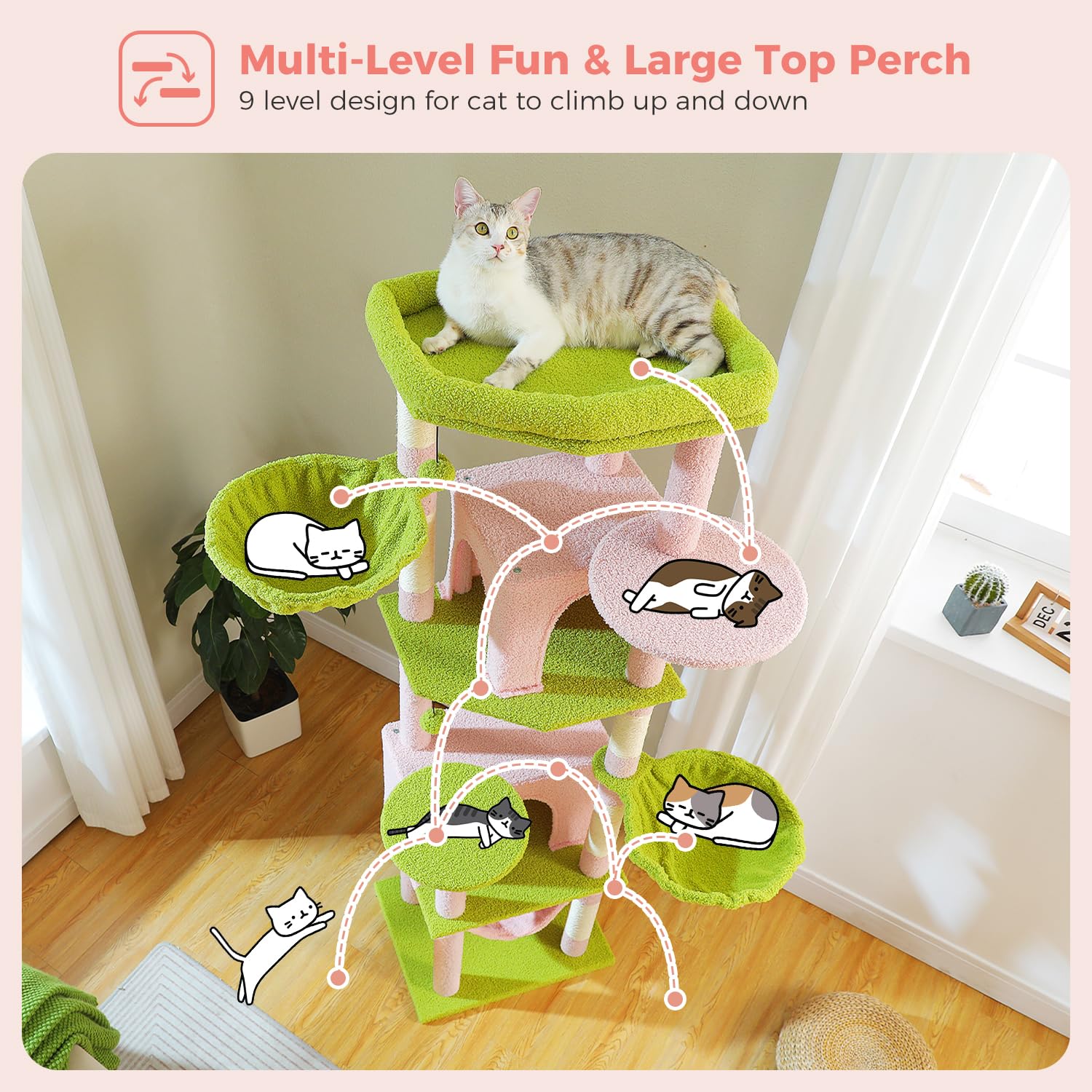 Pawz Road Tall Cat Tower, 70 Inch Cat Tree With Hammock, 5 Scratching Posts, 2 Condos And A Large Top Perches For Large Cats-Pin