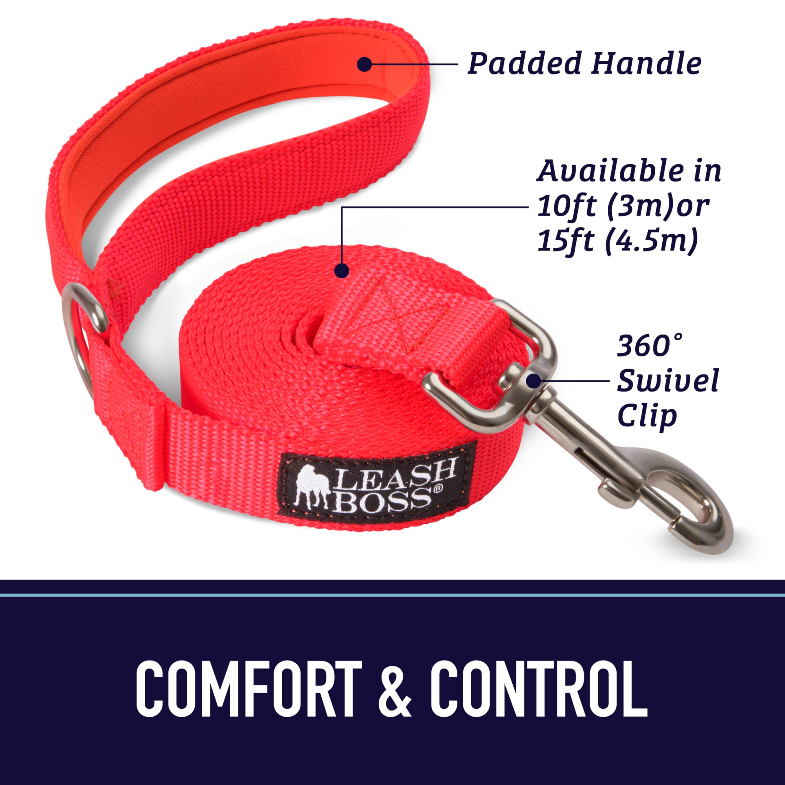 Leash Boss 10 Foot Dog Leash With Padded Handle - Long Leash For Hiking, Camping, Exploring, Or Walking (10 Feet, Orange)